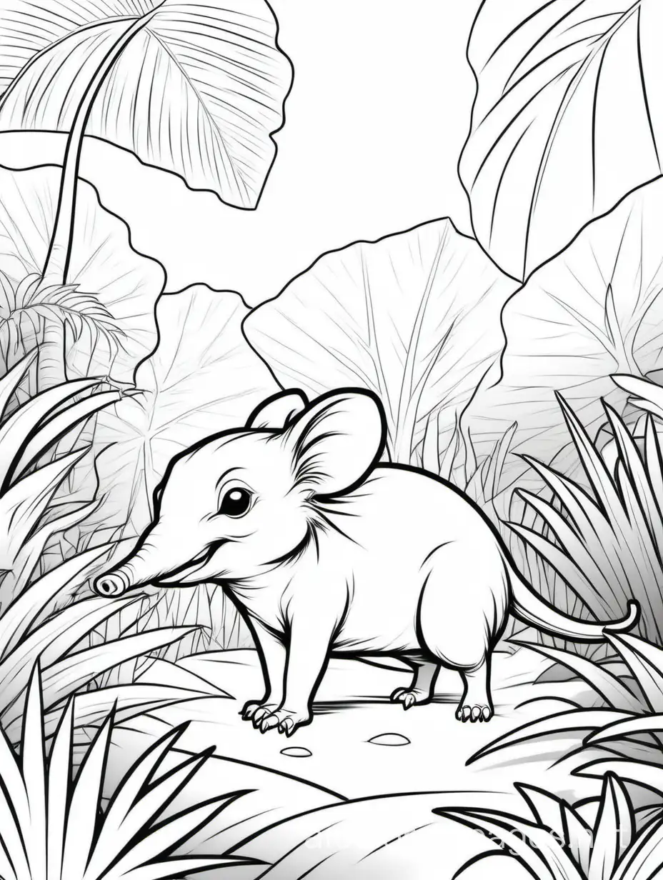  elephant shrew in a jungle , Coloring Page, black and white, line art, white background, Simplicity, Ample White Space. The background of the coloring page is plain white to make it easy for young children to color within the lines. The outlines of all the subjects are easy to distinguish, making it simple for kids to color without too much difficulty
