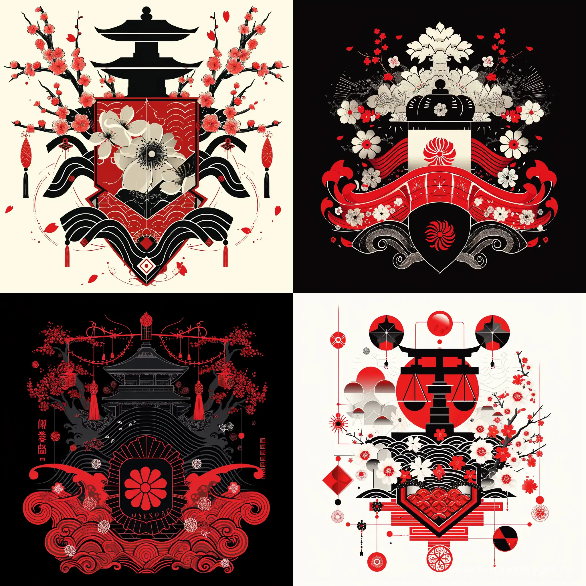 Japanese culture Family coat of arms Kangas Sakura Geometric shapes red black waves Justice Chamomile