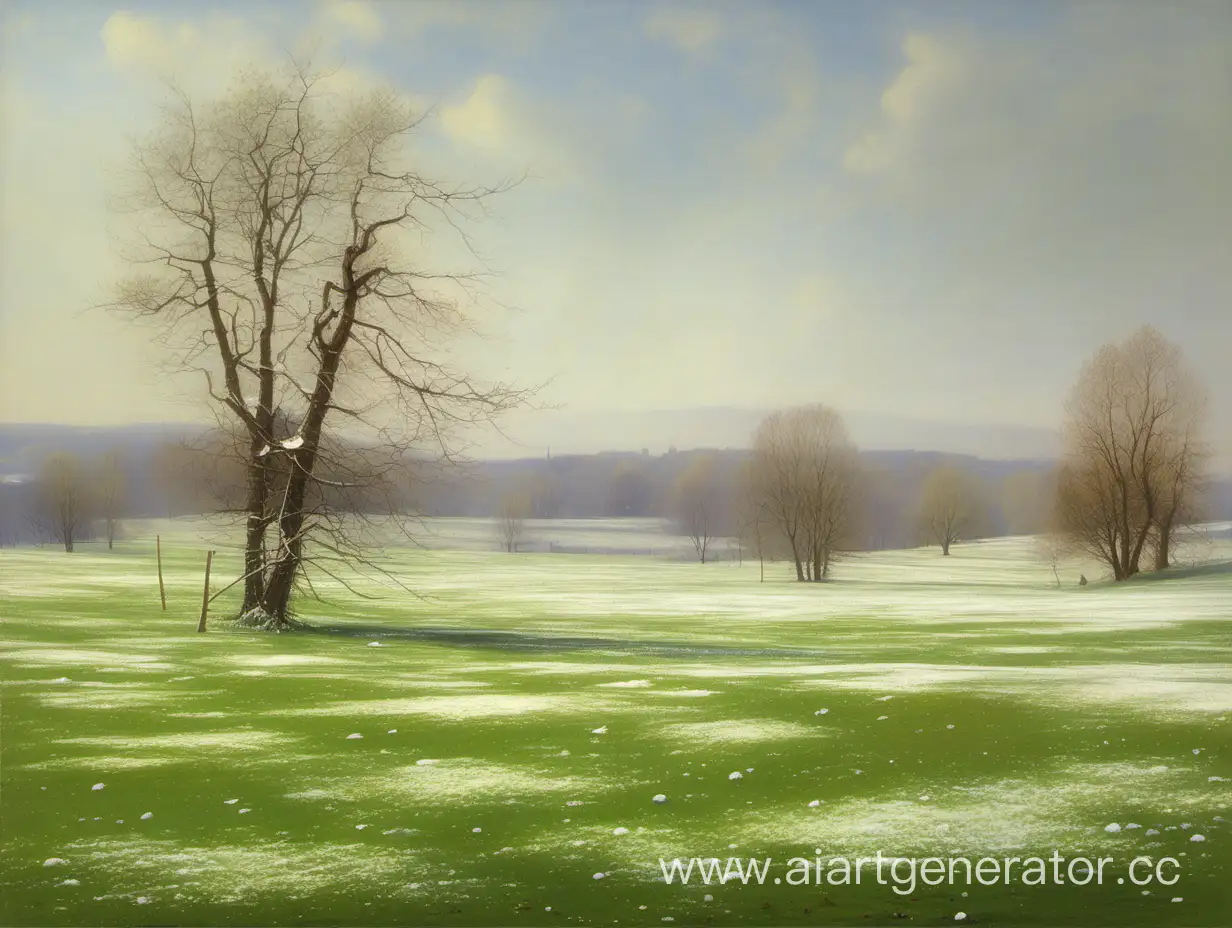 луговое поле весеннее, с остатками снега, в дали мелкие деревья
