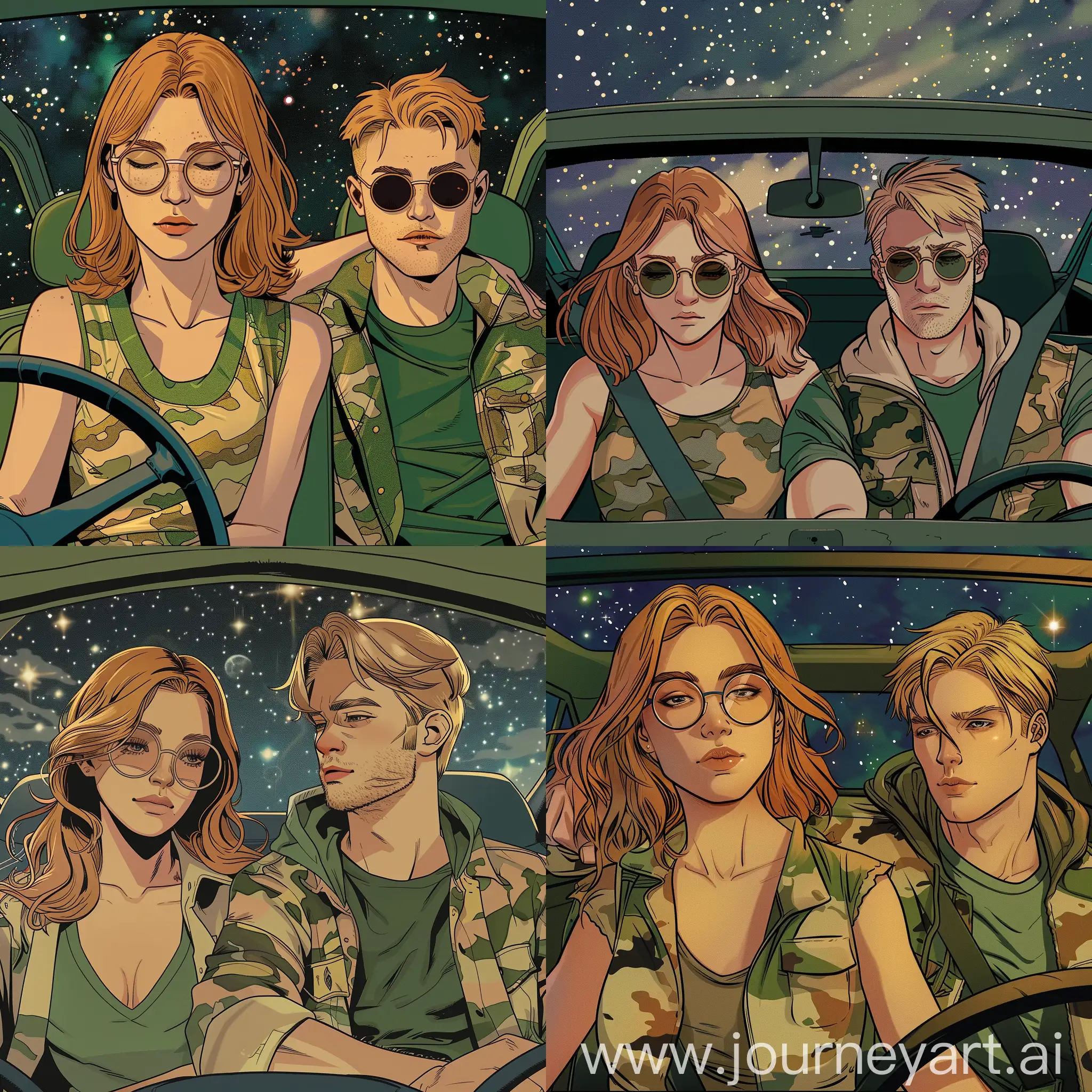 In the style of a Marvel comic, colorful and vibrant. A cute young woman, 25 years old, with flowing shoulder length Ginger hair parted in the middle. She is wearing round glasses with thin circle rims. She is wearing a sleeveless green and beige camouflage shirt, and matching camouflage pants.  We are looking at her driving a car, straight on view through the windshield. It is a beautiful starry night. Sitting next to her in the car, is a an attractive man, 25 years old, with blonde hair, a longer nose, and light blonde stubble. He is wearing a similar camouflage jacket with a hood, and an exposed forest green tshirt. He is resting his head on the shoulder of the Ginger haired driver. (The woman is driving, the man is resting his head on the shoulder, is it a straight on view)