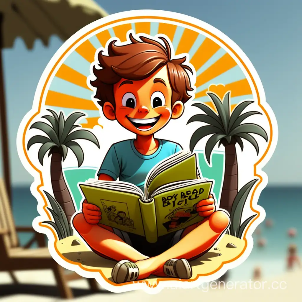 Create a unique sticker design featuring a  happy garçons read book in summer bitch with an incredible style