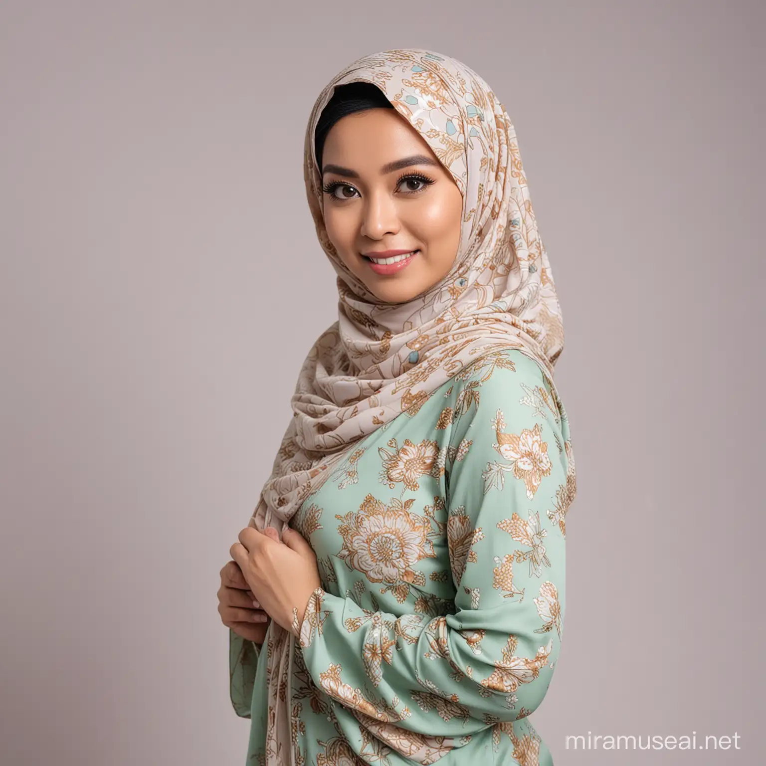 photoshoot Hari Raya di dalam studio 6 orang wanita melayu 35yo cantik bermata besar plain shawl hijab printed baju kurung kedah gaya model professional