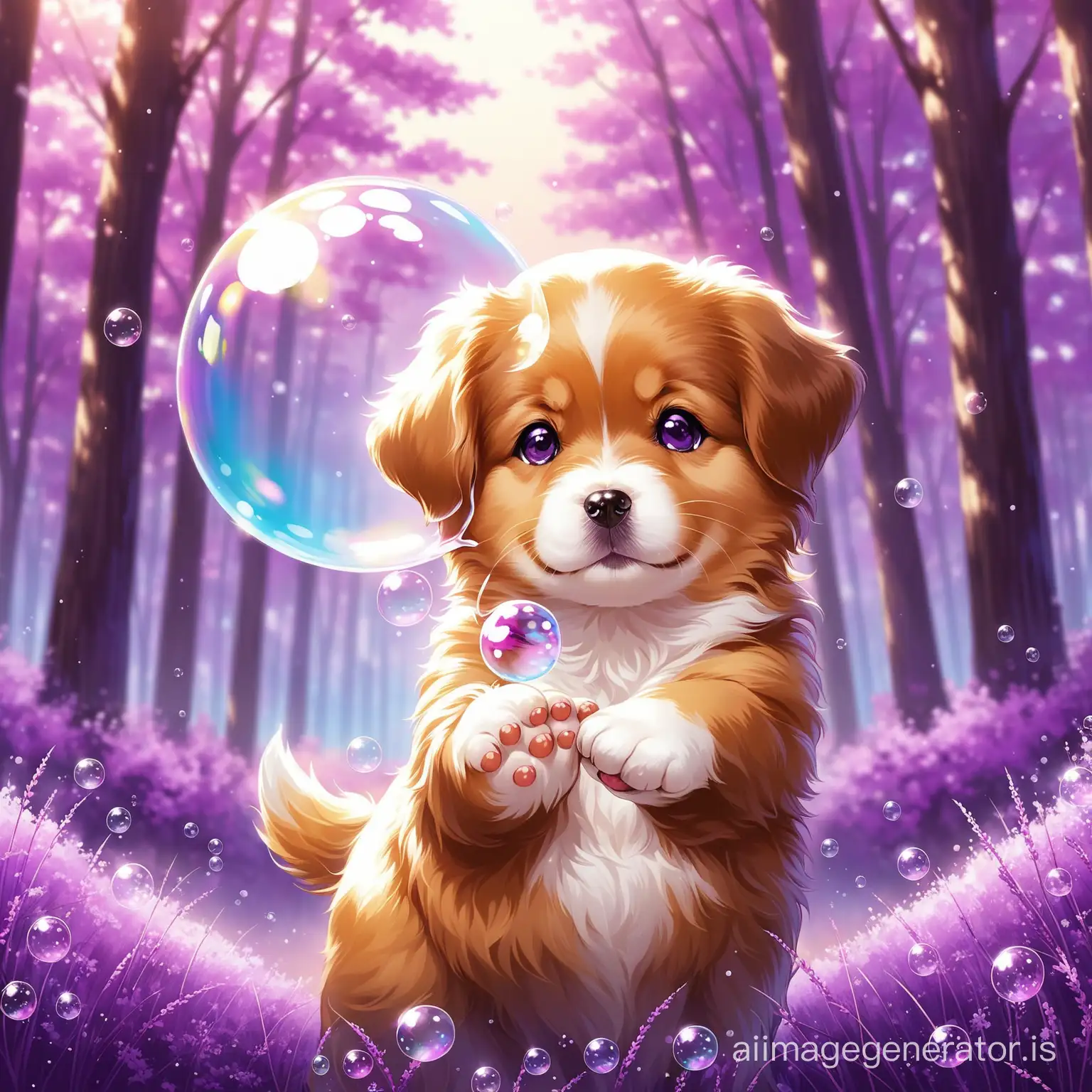 A baby dog holding a big bubble in his hands. This dog is in purple nature The details are beautifully evident