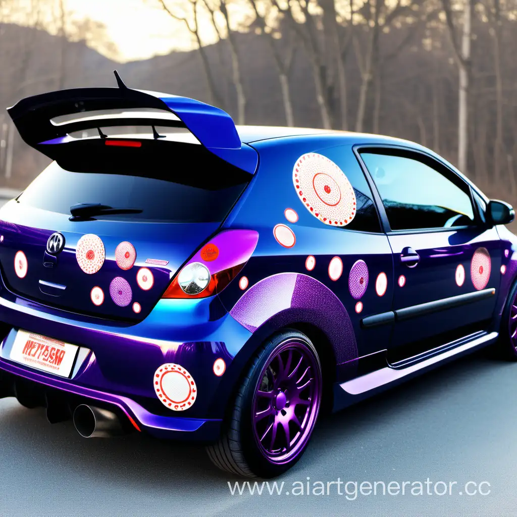 Dark blue hatchback with purple discs and vinyl stickers