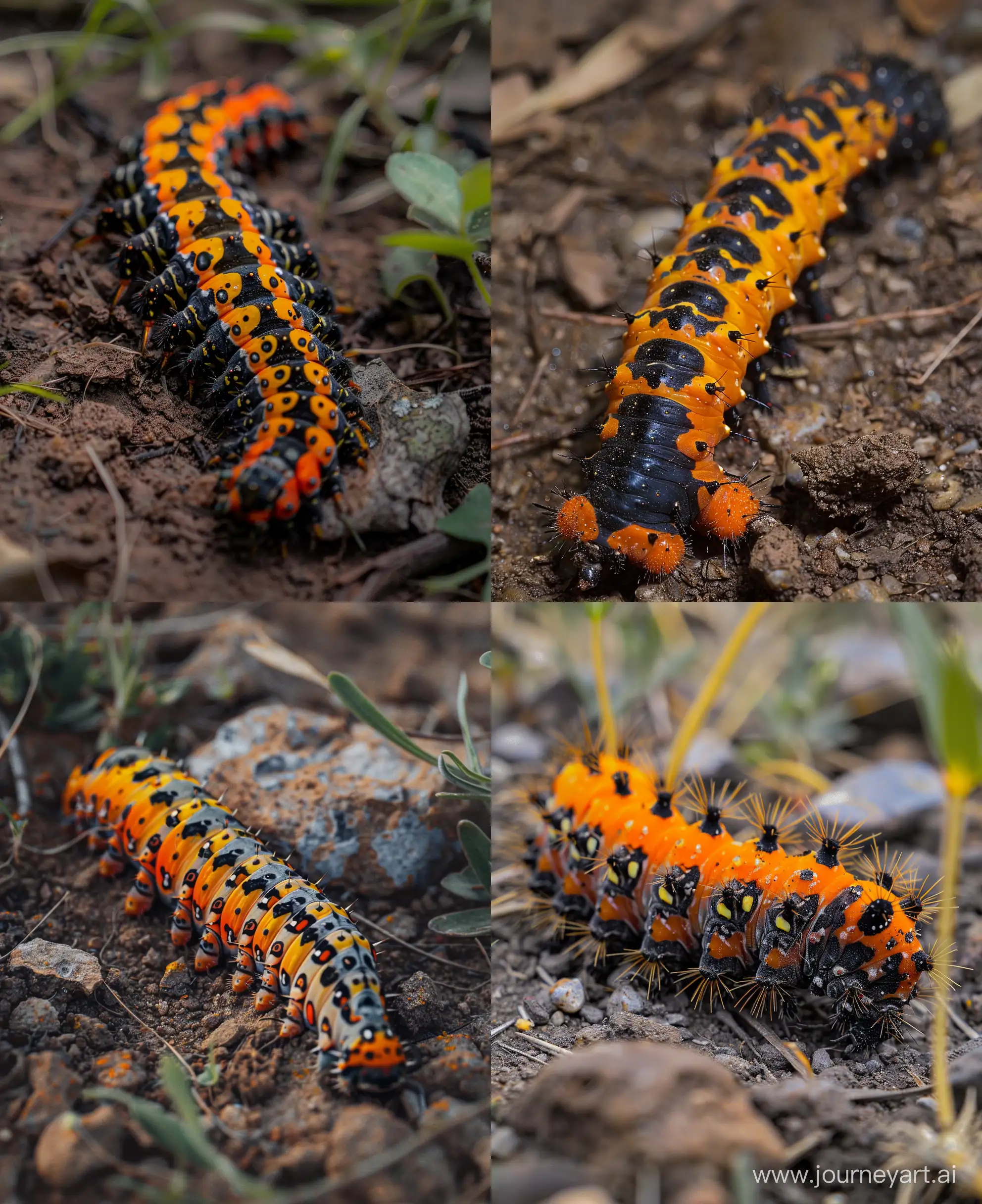 an orange and black colorate caterpillar on the ground, in the style of sony fe 35mm f/1.4 za, 32k uhd, rollei prego 90, dark indigo and yellow --ar 246:301 --style raw  --v 6  