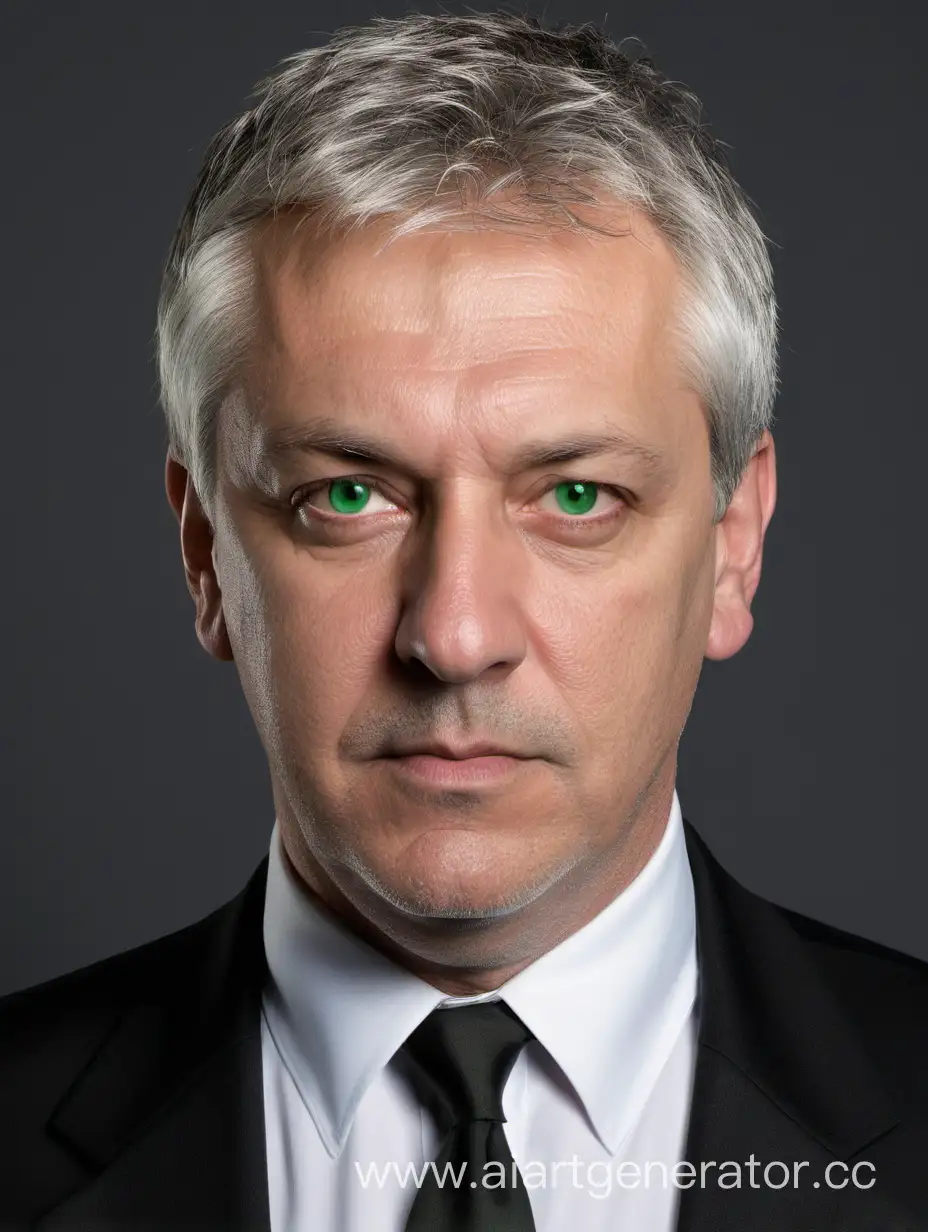 На фотографии изображен мужчина средних лет с короткими седыми волосами и зелеными глазами. Он одет в белую рубашку с чёрным пиджаком и чёрным галстуком. Мужчина смотрит в камеру с серьезным выражением лица.