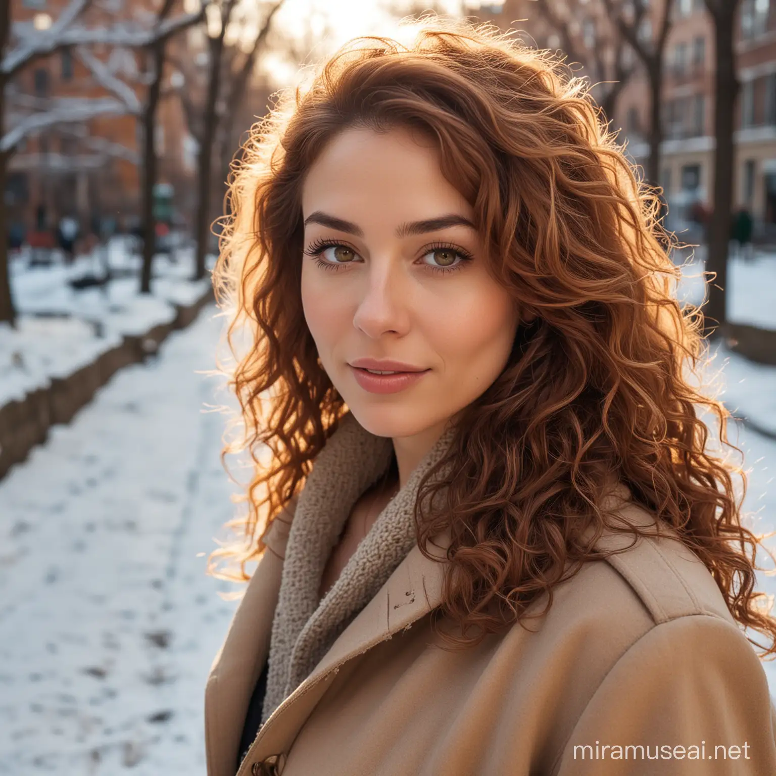 A Photograph with artistic style portrays a female ((head to feet)), ((full body pose)), Irish, perfect face in ultra-realistic detail. The composition imitates a cinematic movie, The intricate details, sharp focus, and crystal-clear skin, (Full body photo), walking along a wide brick walkway through a ((detailed realistic outdoor backdrop of Central Park in winter in the distance, heavy snow on the ground, Manhattan, New York, distant view:1.7), (Masterpiece, Best quality,32k,UHD:1.5), (sharp focus, high contrast, HDR, ray tracing, hyper-detailed, intricate details, ultra-realistic, award-winning photo, Kodachrome 800:1.4), (cinematic lighting:1.2), ambient lighting, side lighting, Exquisite details and textures a beautiful Irish woman, 40 years old, walking outdoors, facing the camera, smiling warmly, lips closed, (pale skin), long shoulder length ((red curly hair)), messy, very long curly hair, perky natural breasts, ((Sexy pose)), perfect female form, perfect body proportion, perfect anatomy, detailed exquisite symmetric face, detailed soft skin, glossy lips, warm smile, bare legs, slender sexy legs, mesmerizing, detailed hair, ((gold necklace, gold hoop earrings, glasses, warm winter jacket, very short business dress:2.0)), best quality, masterpiece, beautiful and aesthetic, high contrast, bokeh:1.2, lens flare, (vibrant color:1.4), (muted colors, dim colors, soothing tones:0), Warm tone, (Bright and intense:1.2), wide shot ultra realistic illustration, sienna natural ratio, ((head to feet:2.0)) portrait, a beautiful instagram, slightly upturned nose, beautiful nose, chin dimple, brown eyes, bare legs, front, (((full body))), nsfw, ,WINTER