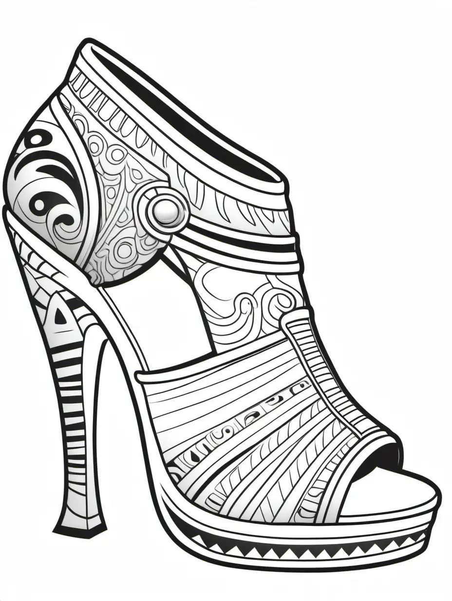 cleopatra high heel shoes for coloring book, cartoon style, black and white, thick black lines, show margins 