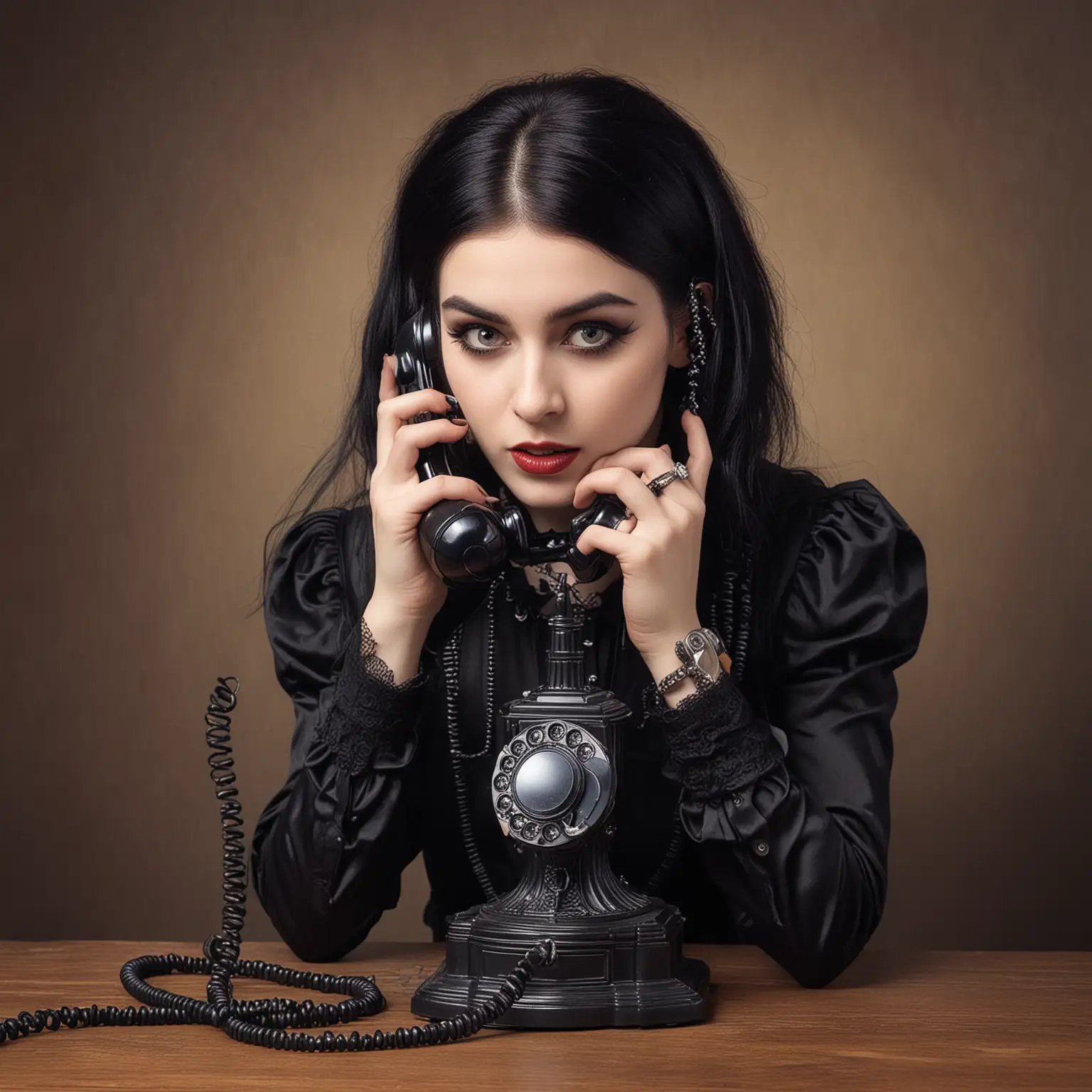 Goth Girl on Antique Telephone Vintage Communication Art