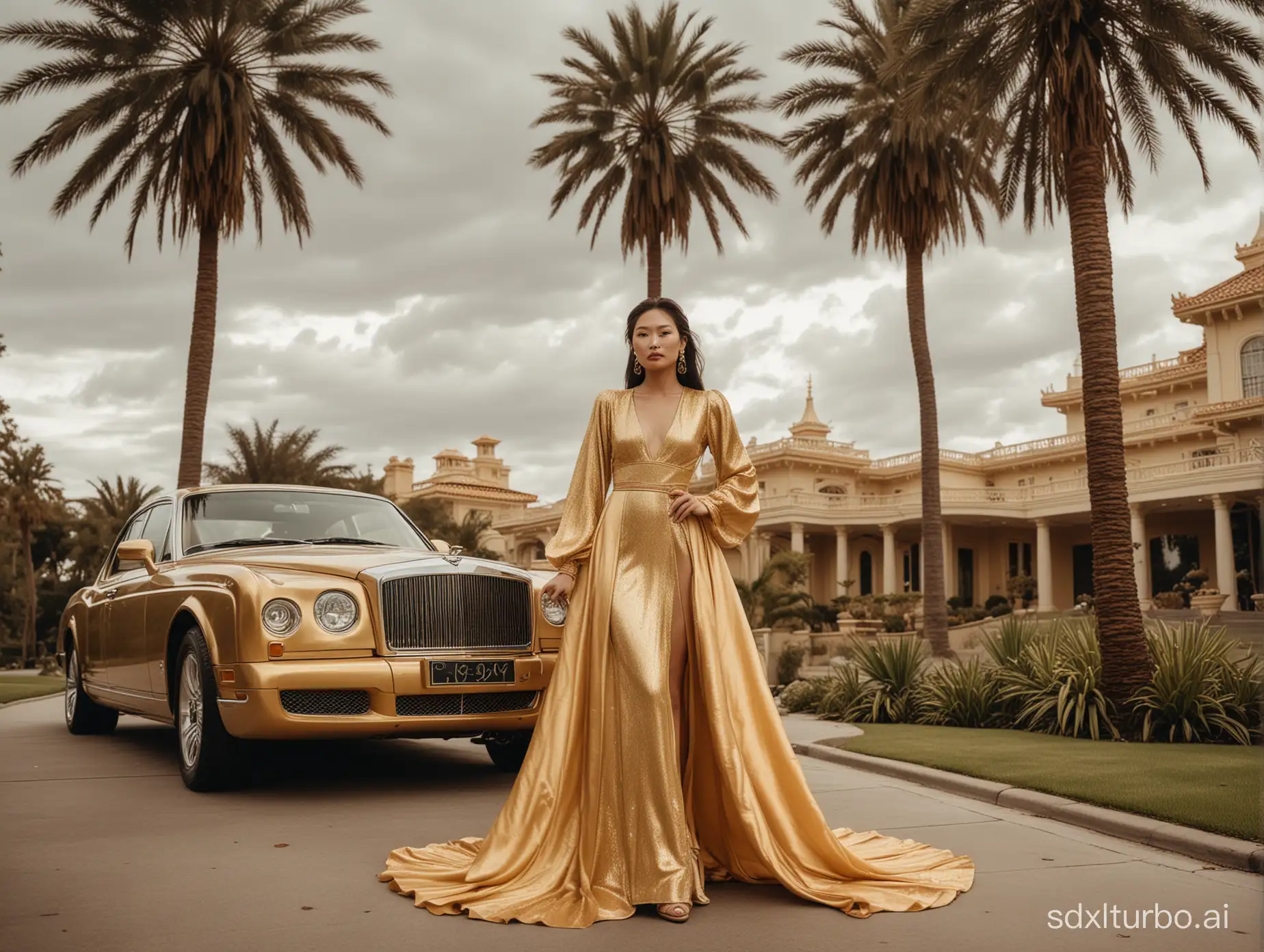 Surreal-High-Fashion-Mongolian-Woman-in-Golden-Maxi-Dress-at-Bel-Air-Mansion