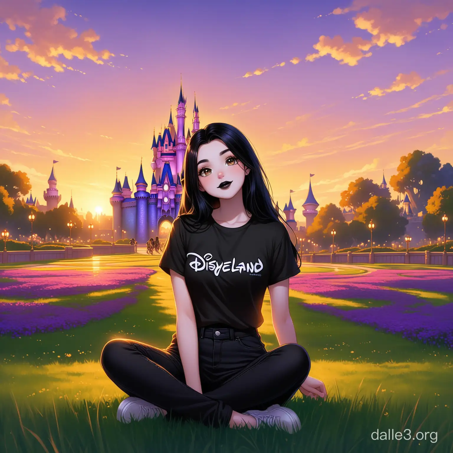 Young Woman in Gothic Style Sitting in a Grassy Field with Disneyland ...