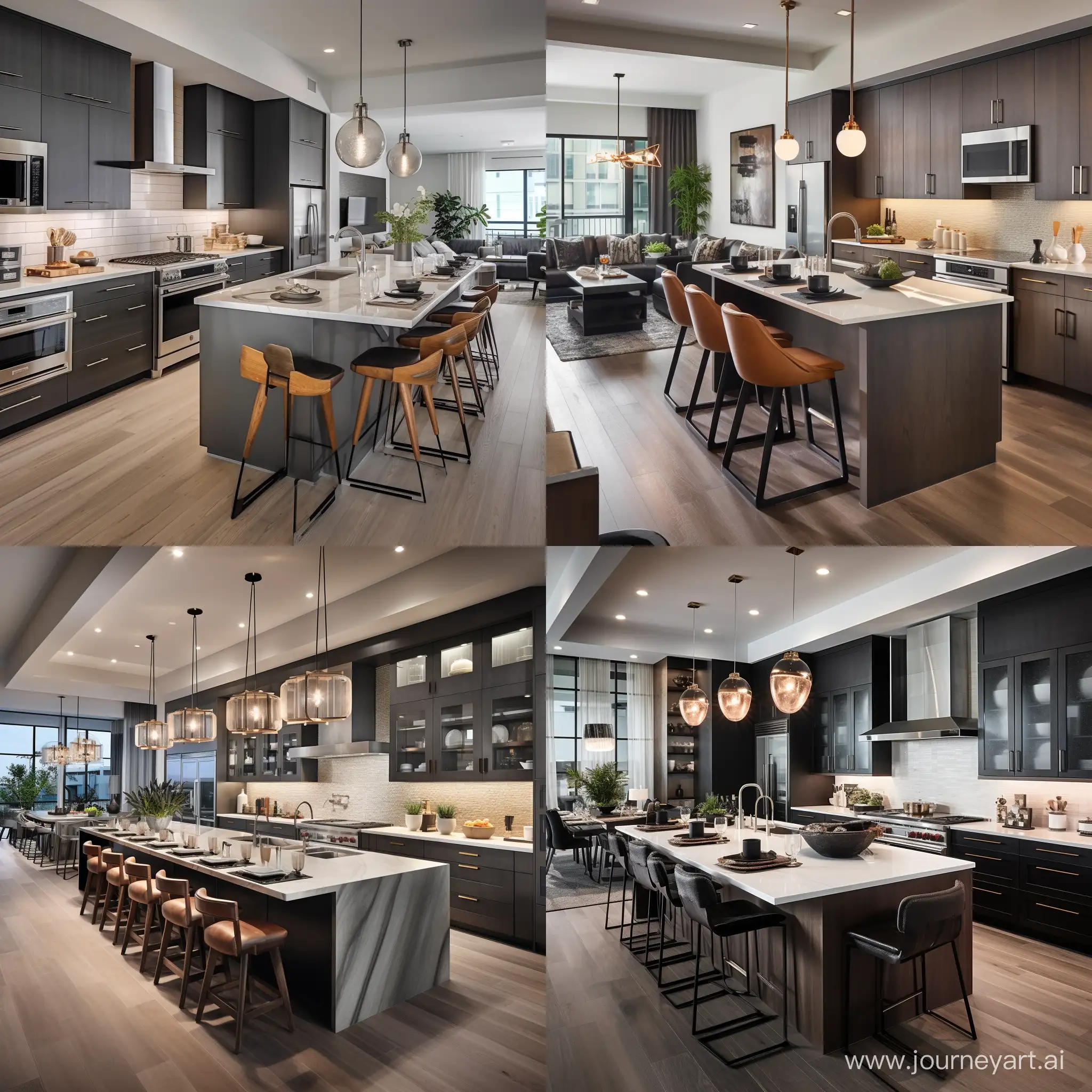 Expansive kitchens with top-of-the-line appliances, multiple workstations, chef-grade equipment, and a separate pantry