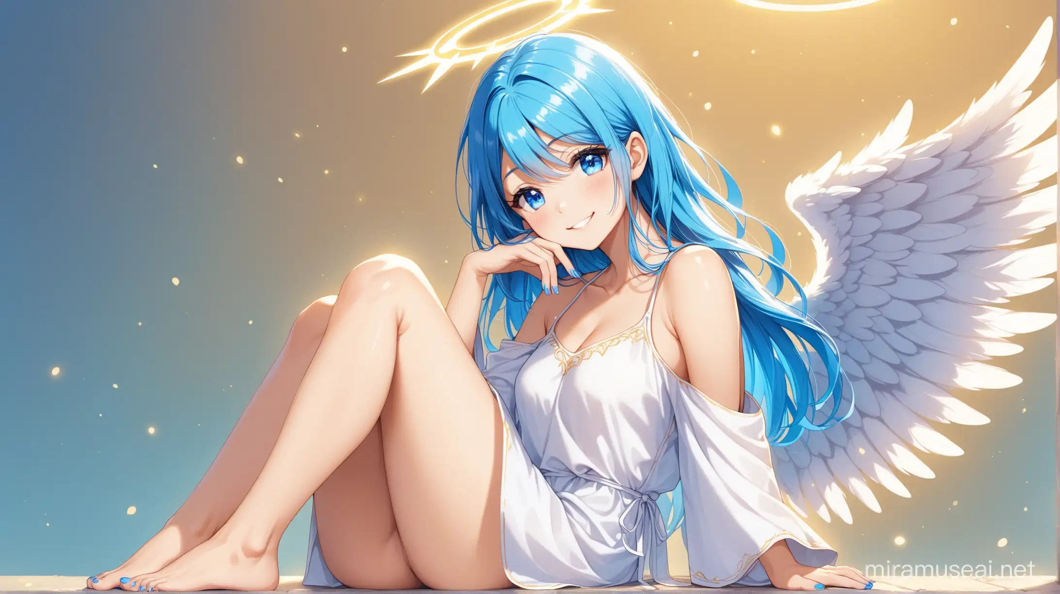 female angel, adult, barefoot, halo, blue hair, blue eyes, blue nails, sitting, smiling