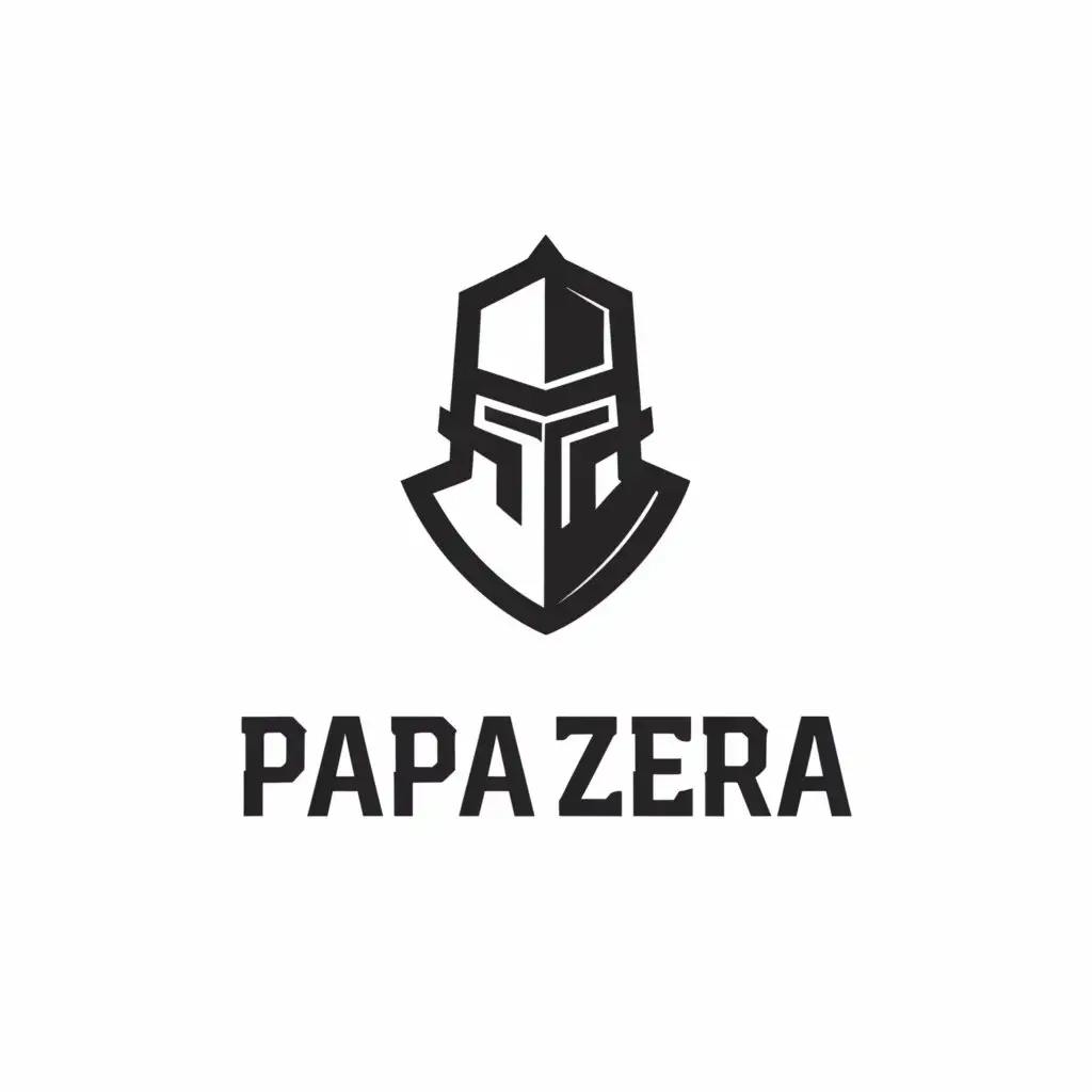 a logo design,with the text "PAPA ZERA", main symbol:black and white knight head, with shield and sword in its background,Minimalistic,clear background