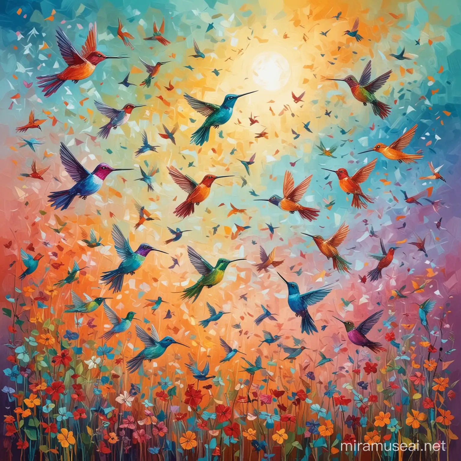 Abstract Folk Art many hummingbirds flying in the sky with colorful background
