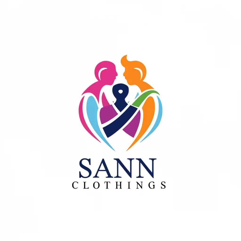 a logo design,with the text "Sana Clothings", main symbol:combination of a women with pink saree and a man with blue suite,Moderate,be used in Retail industry,clear background