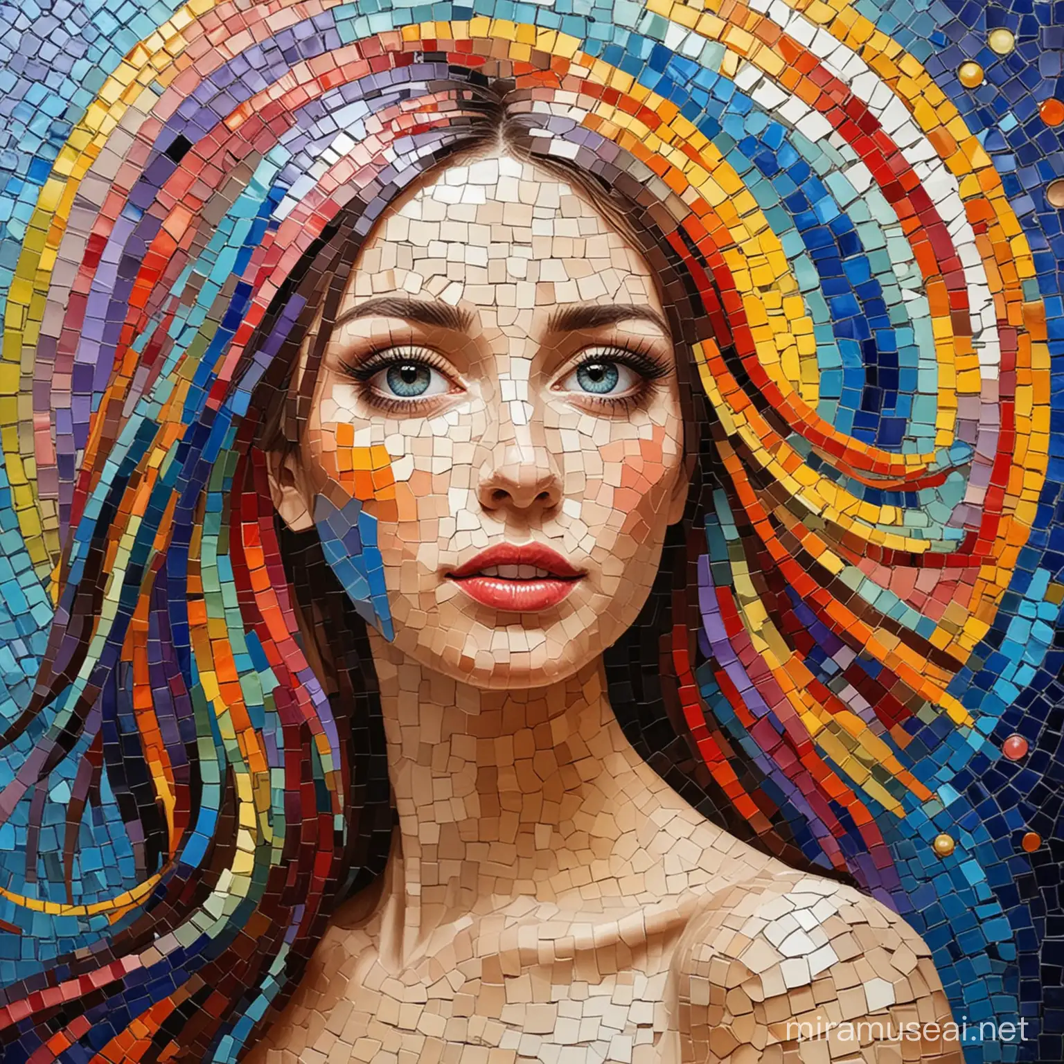 Vibrant MosaicInspired Portrait of a Radiant Girl with a Kaleidoscopic Rainbow