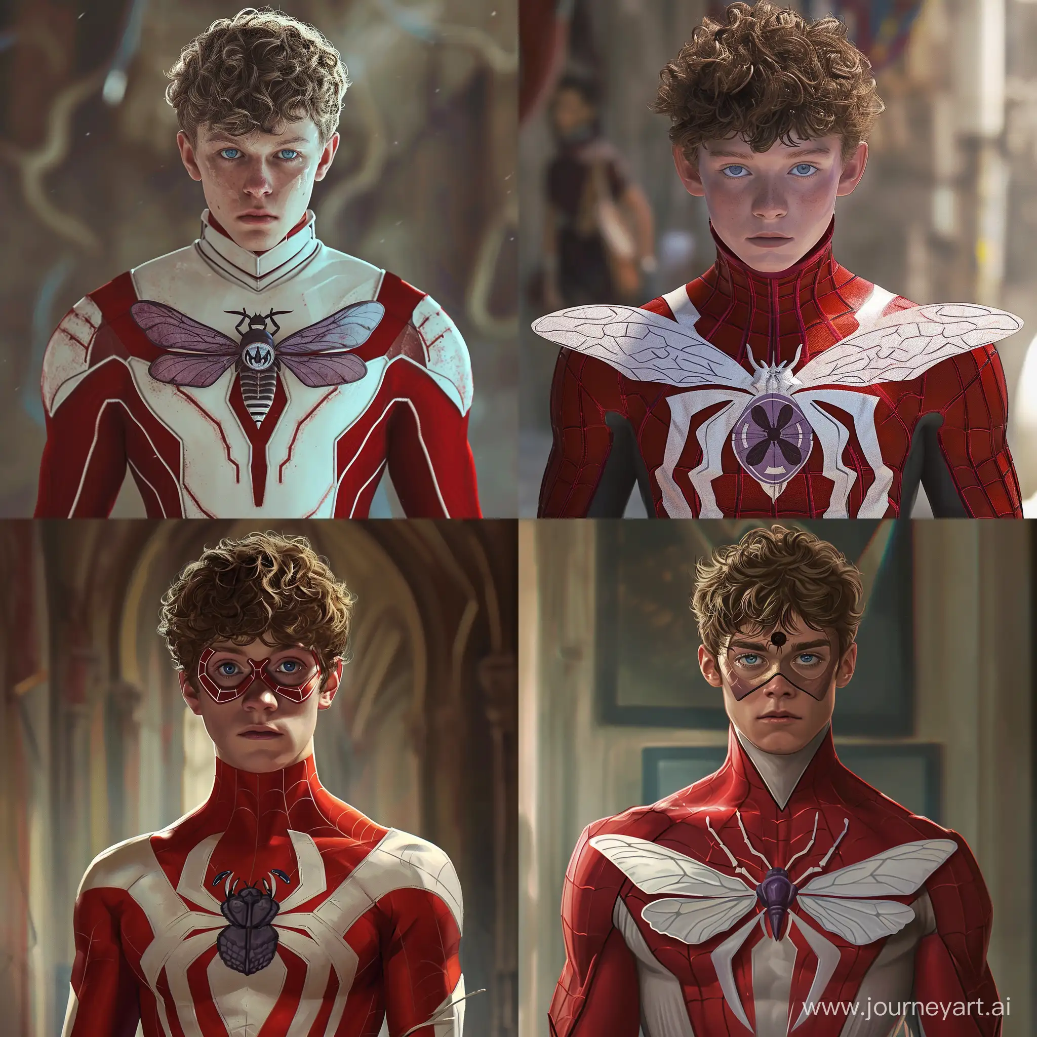 Create a realistic and cinematic illustration of Moth-Man, an 18-year-old superhero inspired by Spider-Man. The costume should feature a combination of shades such as red and white, with subtle dark lavender accents adding a modern touch. Design a slim and sleek costume that emphasizes agility and youthfulness. Incorporate a stylized moth symbol prominently displayed on the chest, representing hope, transformation, and Karter Knight's journey as a hero. Ensure that the image looks like it came straight out of real life or a movie, avoiding a cartoonish or drawn appearance. If the illustration shows Moth-Man without the mask, depict Karter Knight with blue eyes and short to medium length curly (more wavy) dirty blonde hair. Capture the essence of Moth-Man's character, showcasing his youthful energy and the symbolic elements embedded in the costume. Present the image in a visually striking and cinematic manner, highlighting the hero's unique design and the blend of classic and modern superhero aesthetics.