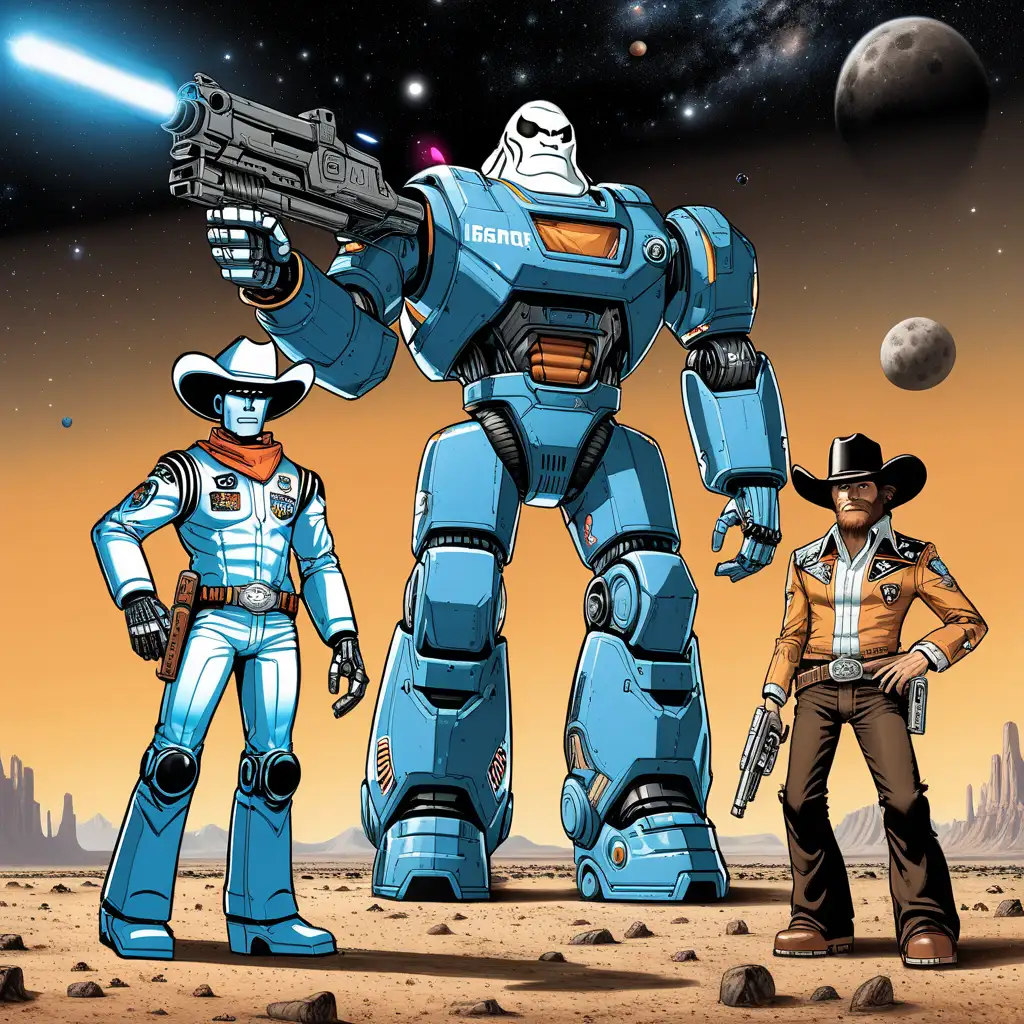 space robot standing next to bigfoot standing next to a space cowboy wearing six shooters

