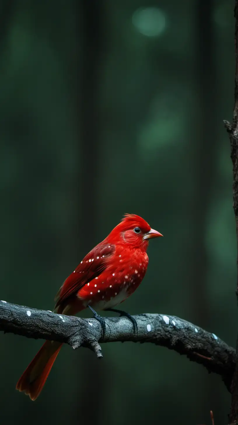 Red bird with white spots. Perched on a tree branch. in the forest. Evening.