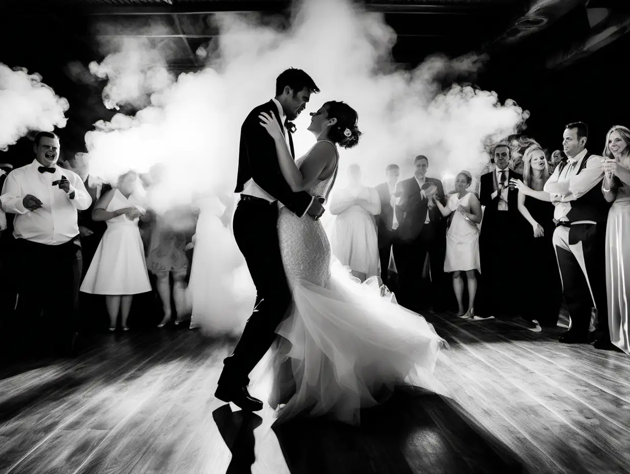 the bride and groom who are dancing the first dance are to have their legs covered with smoke and the wedding guests can be seen in the background