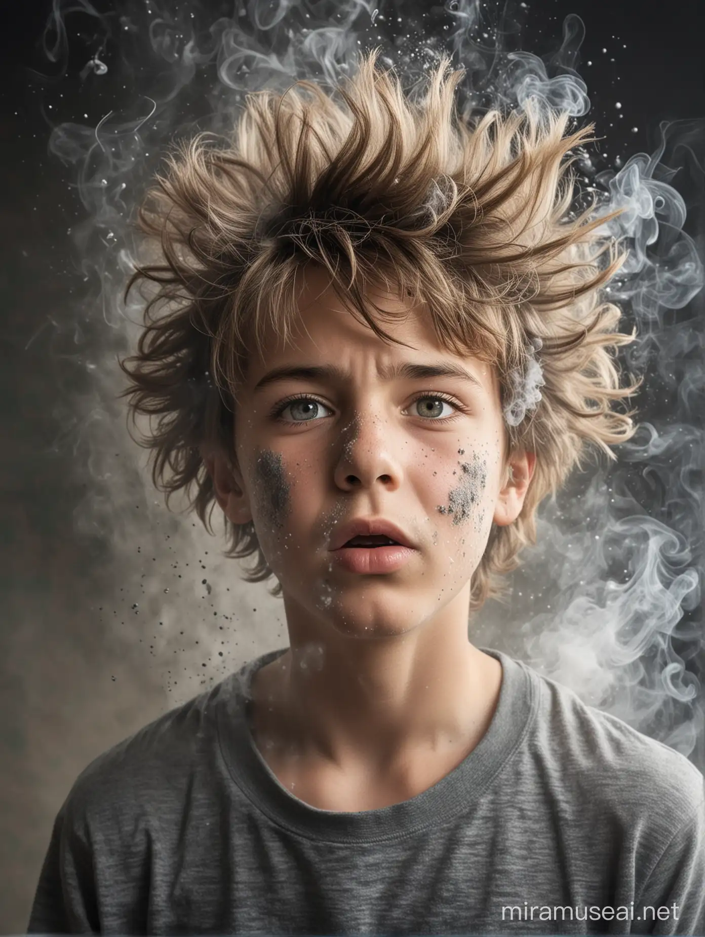 A boy is doing a experiment, the experiment explodes, the boy's face is full of smoke and ash, his hair is wild