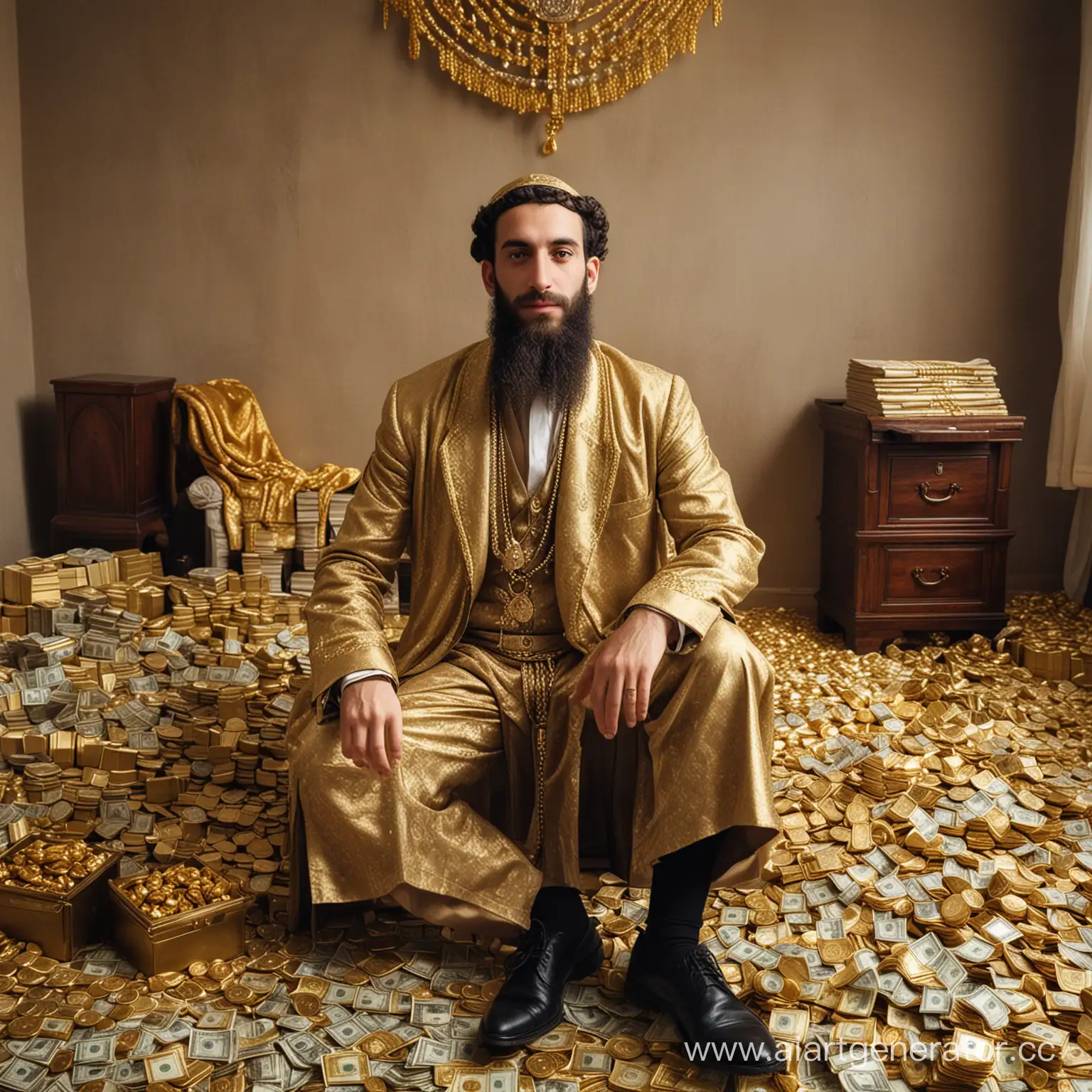 Еврей в богатой одежде который живёт очень богато и сидит в комнате где много золота и денег