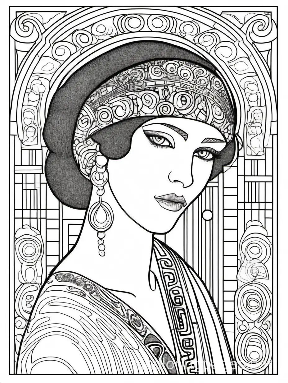 Klimt, beautiful Russian woman, Art Deco, Coloring Page, black and white, line art, white background, Simplicity, Ample White Space. The background of the coloring page is plain white to make it easy for young children to color within the lines. The outlines of all the subjects are easy to distinguish, making it simple for kids to color without too much difficulty