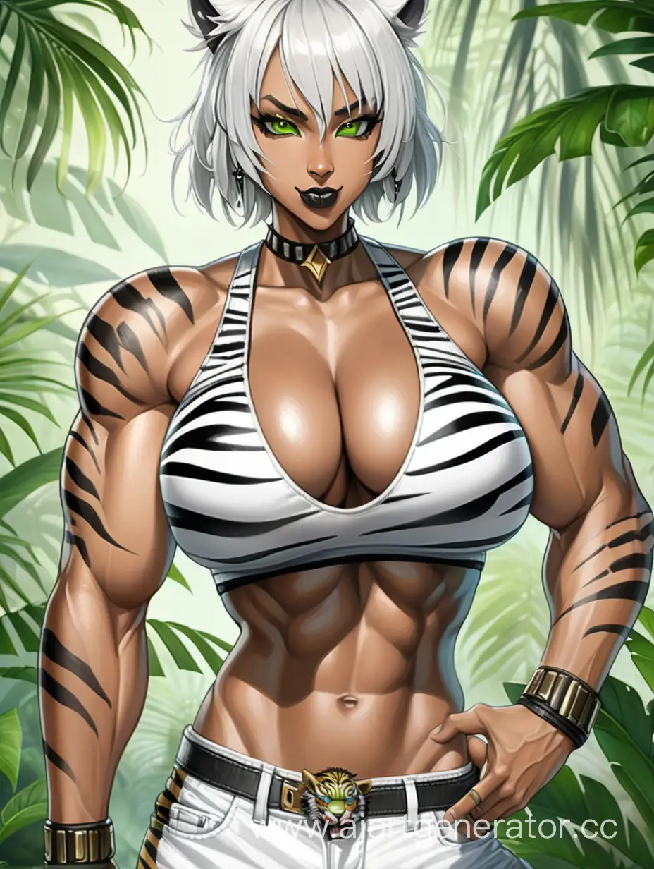 Jungle, 1 Person, Women, Beastwomen, Tiger Ears, White Hair, Short Hair, Spiky Hairstly, Dark Ebony Brown Skin, Black Tiger Stripes on body,  White Shirt, Green Pants, Choker, Black Lipstick, Seriuos Smile, Golden Eyes, Sharp Eyes, Tall Body, Massive Breasts, Muscular Detailed Arms, Muscular Legs, Well-toned Body, Muscular Body, Well-toned Abs, Hard Abs, Detailed Abs,  Tiger Stripes, 