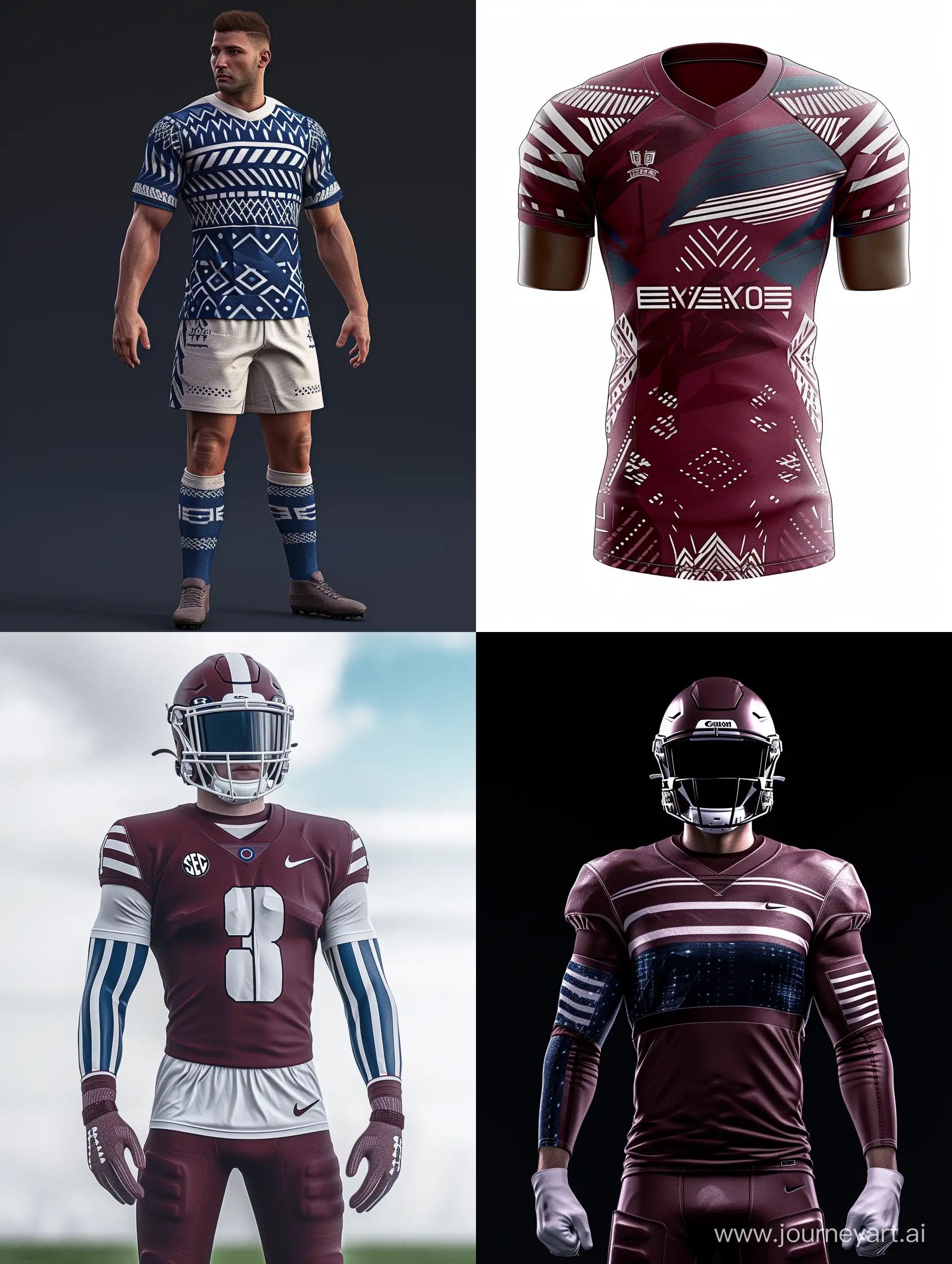 Ultra realistic, FOOTBALL TEAM JERSEY. MARUON COLORED. THERE ARE STRIPES AND MODERN PATTERNS IN BLUE AND WHITE ON THE ARMS AND CHEST.un. canon eos-id x mark iii dslr --v 6.0