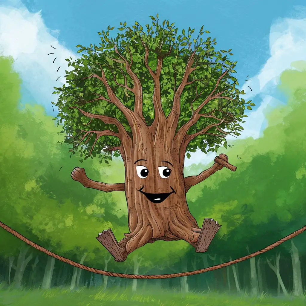 tree with eyes that smiles and jumps rope