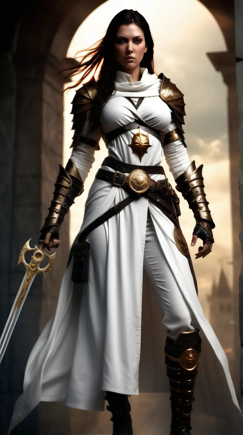 (cinematic lighting), Photo realistic beautiful young tall, very muscular, dark braided hair, female templar, white heavily armored heavy robe with a golden sun emblem leather pantalons, full body, in fighting stance magical revolver, With an alluring gaze and an air of otherworldly grace, she embodies the enchantment and rebellious spirit of this magical-infused realm, full body photo, angle from below, intricate details, detailed face, detailed eyes, hyper realistic photography,--v 5