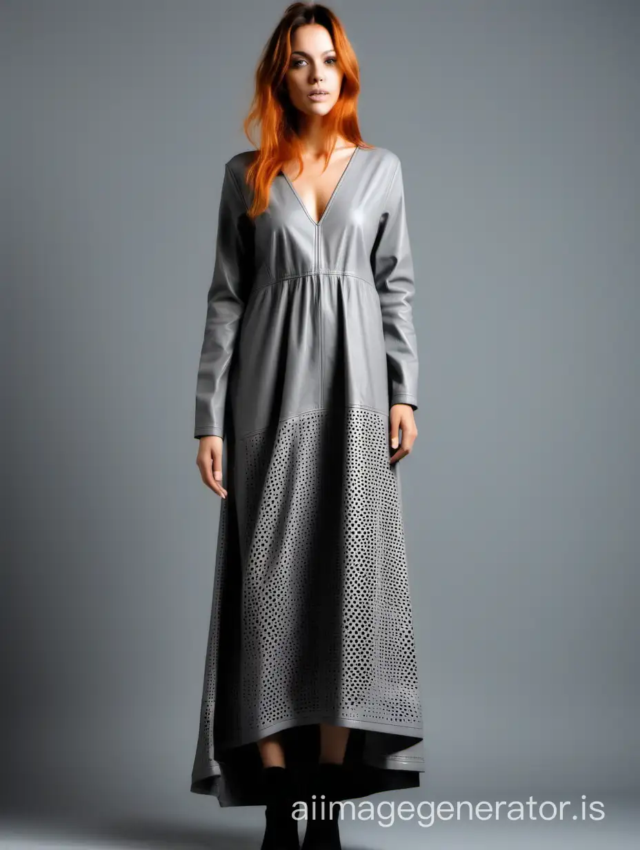  Gray perforated dress in boho style made of large perforated eco leather with a V-neck and long sleeves. Maxi length