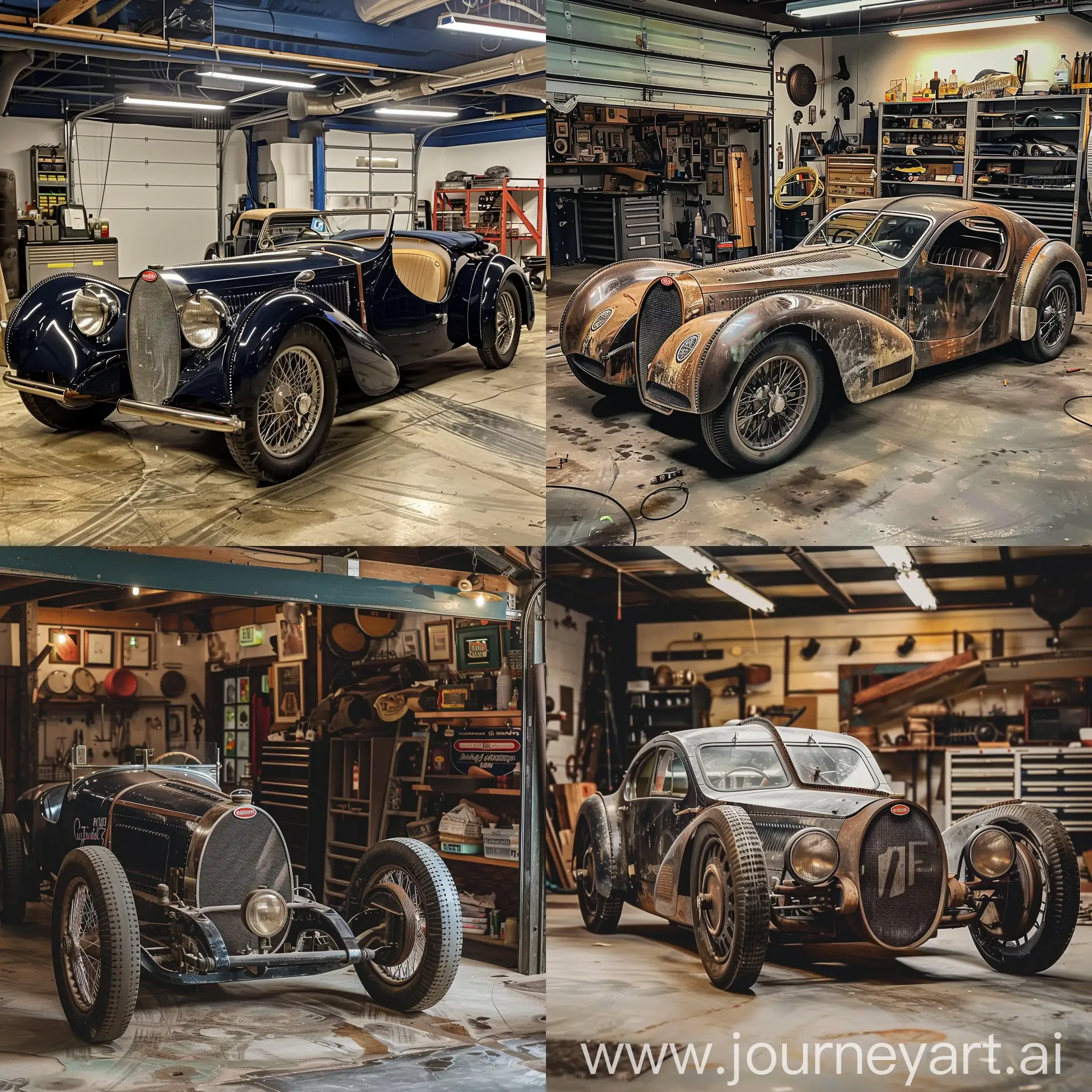 an very expensive old buggati in a garage 