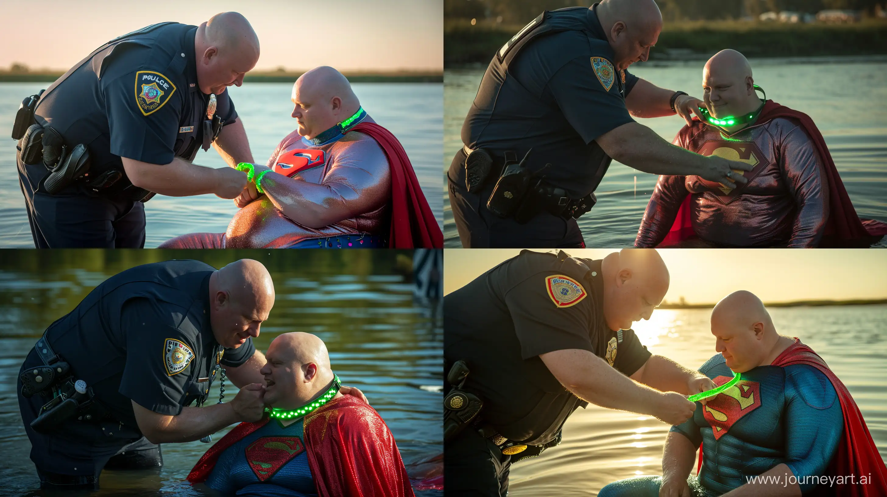 Close-up photo of a chubby man aged 60 wearing a police uniform, bending over and tightening a green glowing small short dog collar on the neck of another chubby man aged 60 sitting in the water and wearing a silky superman costume with a large red cape. Outside. Bald. Clean Shaven. --style raw --ar 16:9 --v 6