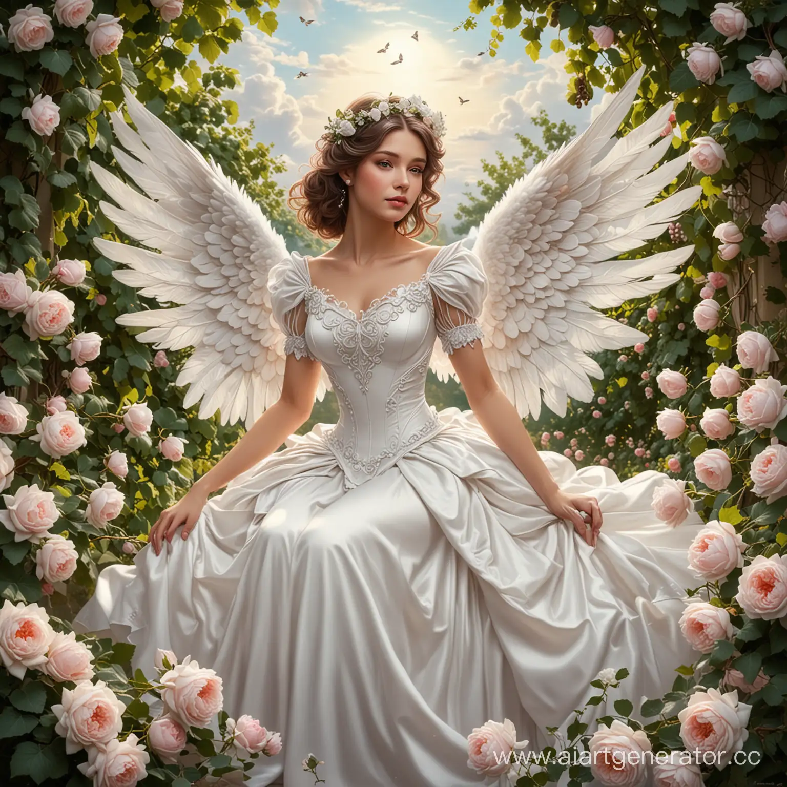 draw a picture in the style of Alphonse the Fly angel girl with white wings in a white ball gown surrounded by roses of grapes