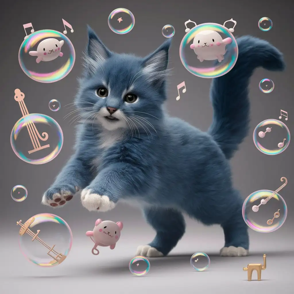 realistic majestic blue young feline playing with kawaii bubbles shaped like music instruments
