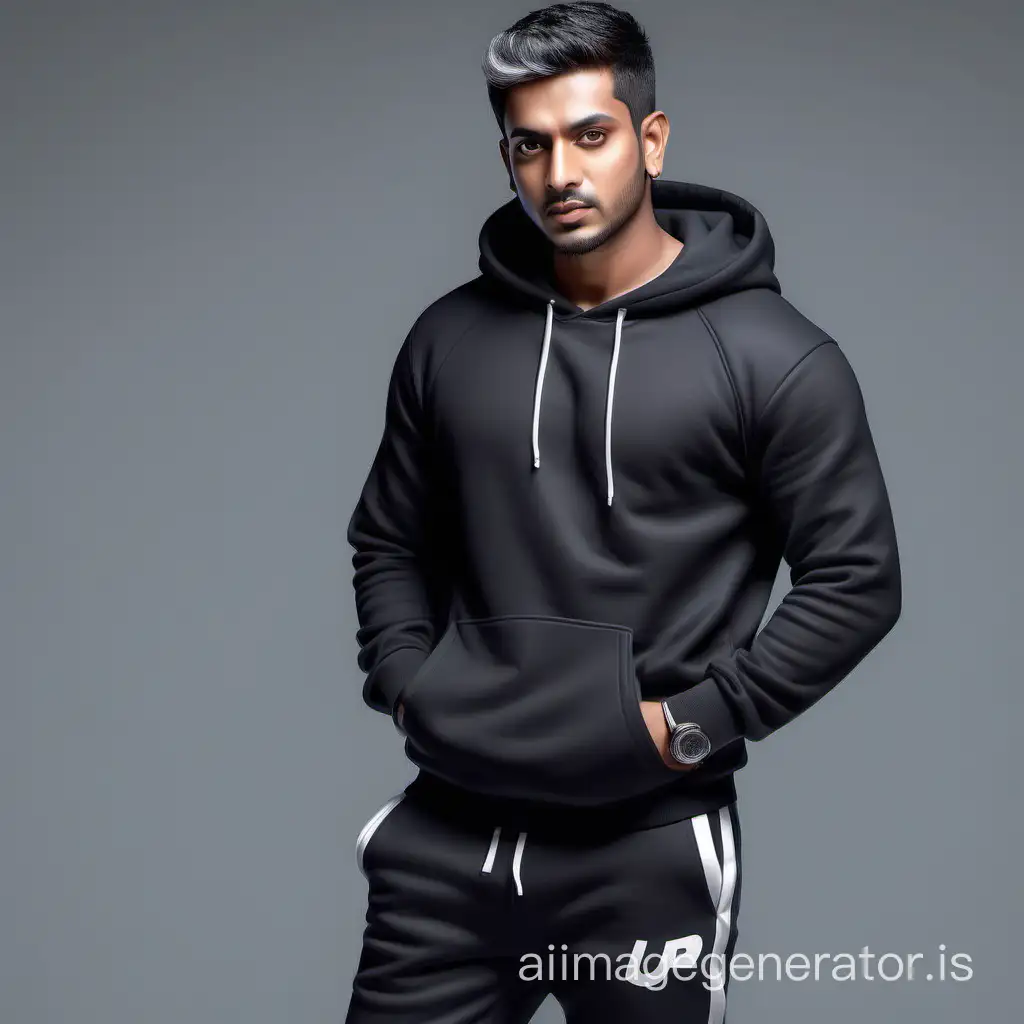 Stunning indian man, curling short hair, black hoodie, grey trackpants, white sneakers, photo realistic, high detailed and looking very real