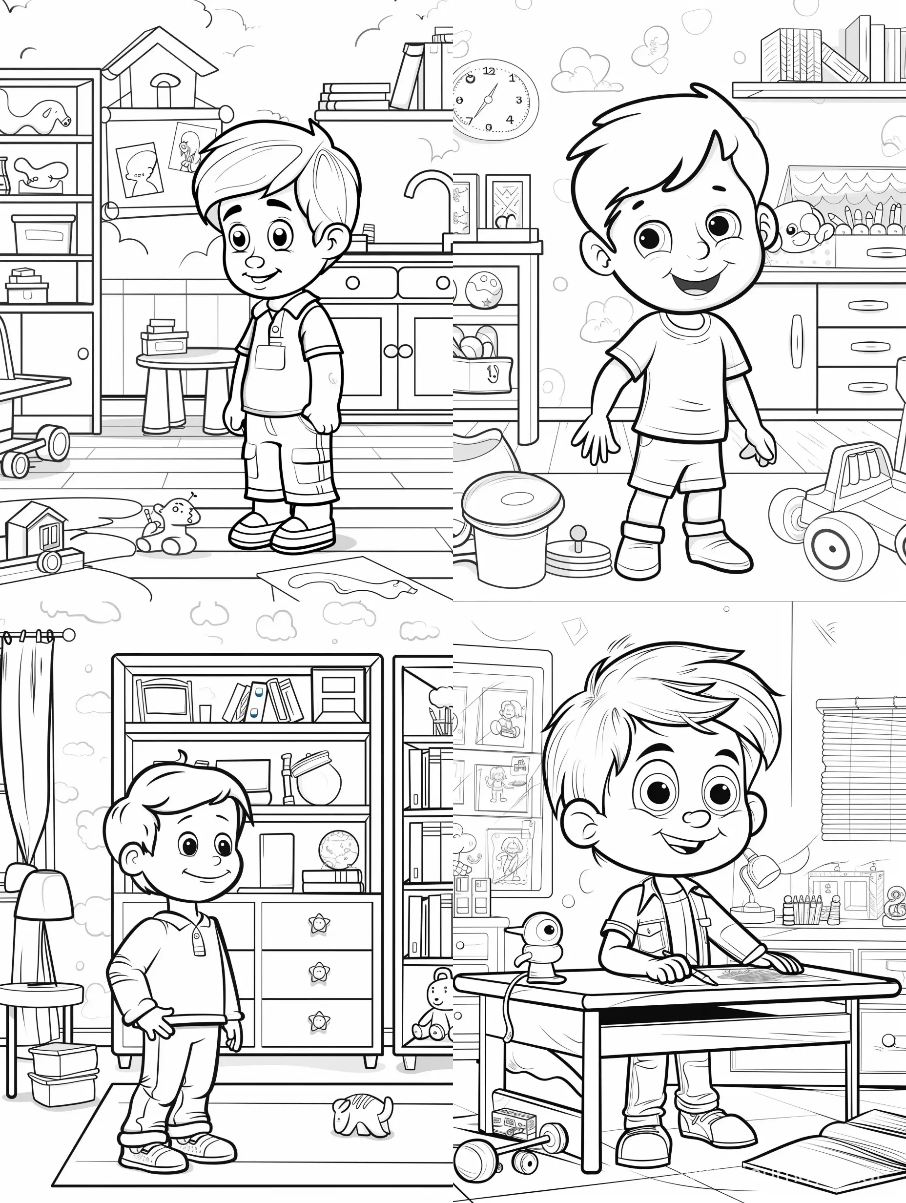 coloring page for kids, detailed, simply cartoon style, isolated, funny, happy child in playroom