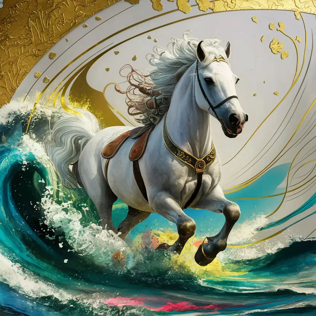 The adventures of a white horse splashing in the sea, galloping, comic book illustration, vivid colors , artistic, watercolor, cinematic style, klimt style 
