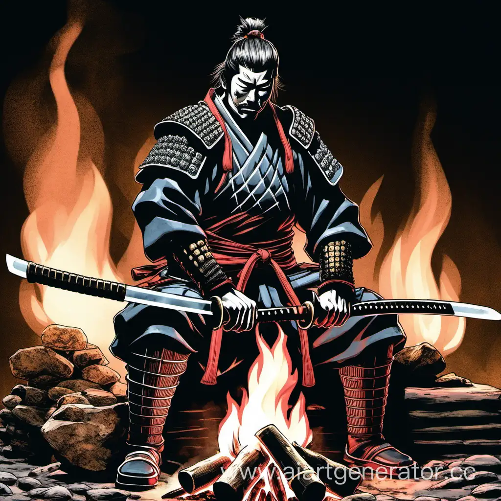 Самурай в боевом снаряжении сидит у костра в ночи