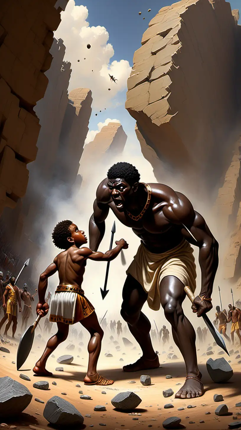 Black David and Goliath hit with a rock and falls
