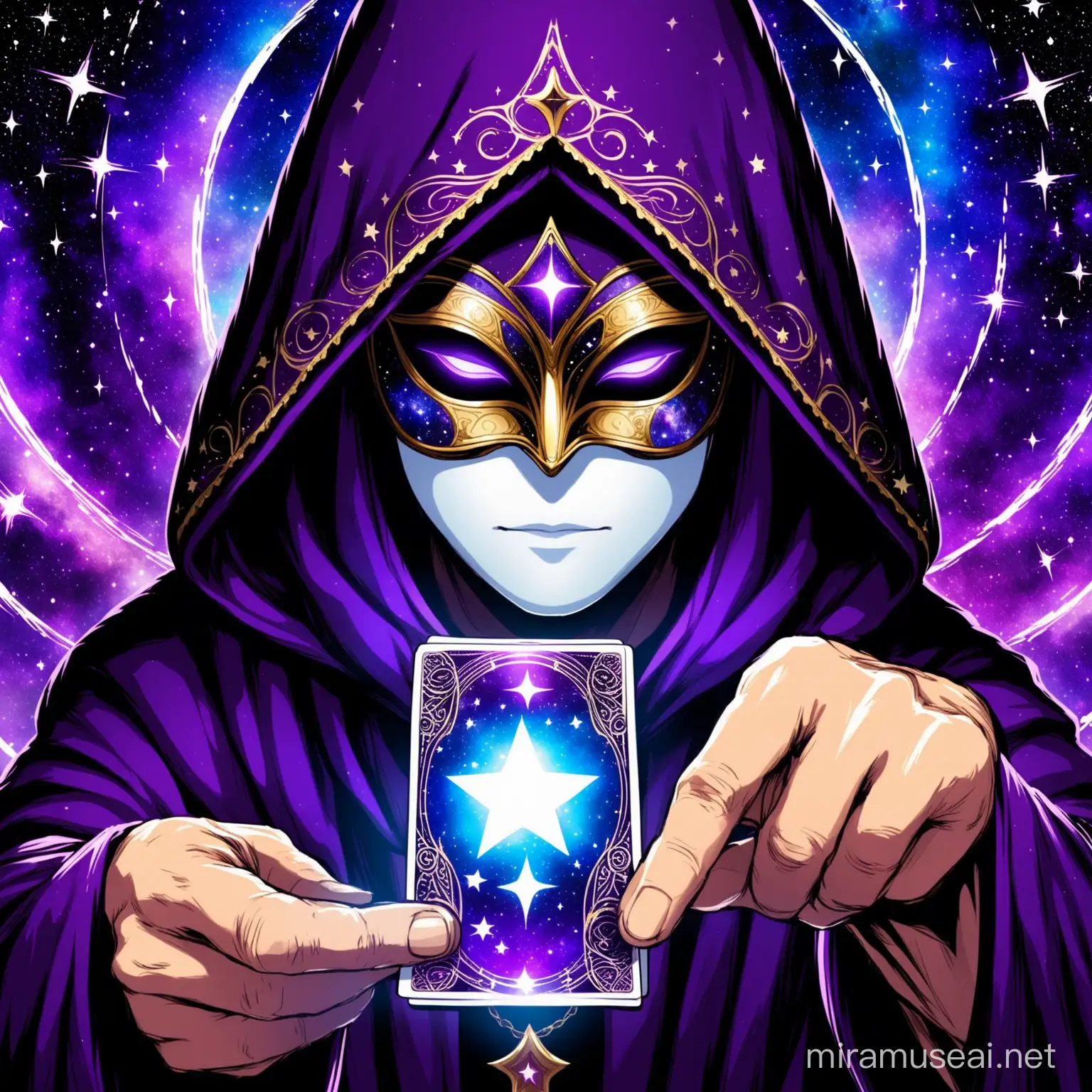 Galactic Fortune Teller Holding Tarot Card in Violet Hooded Fantasy Setting