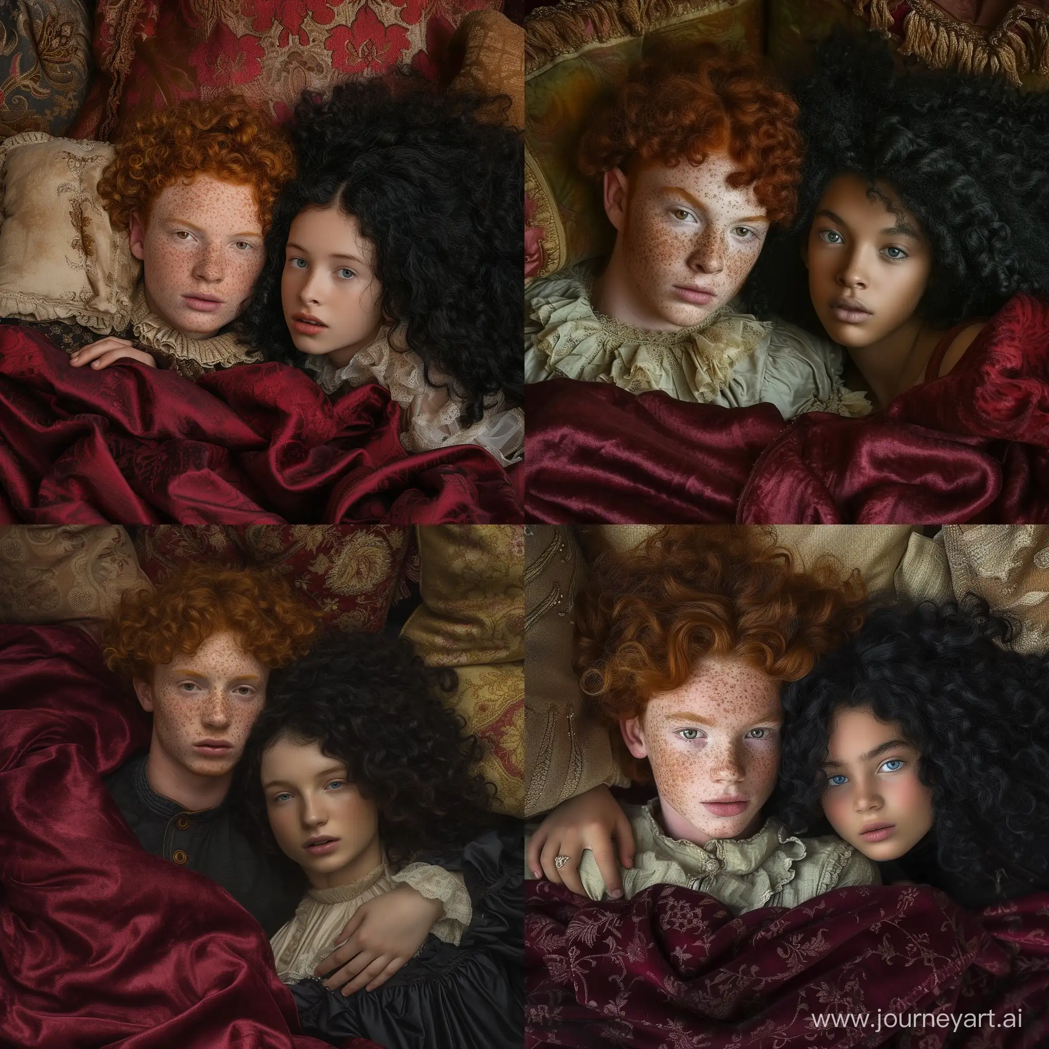 Romantic-Embrace-in-Antique-Setting-RedHaired-Guy-and-CurlyHaired-Girl-on-a-Soft-Bed