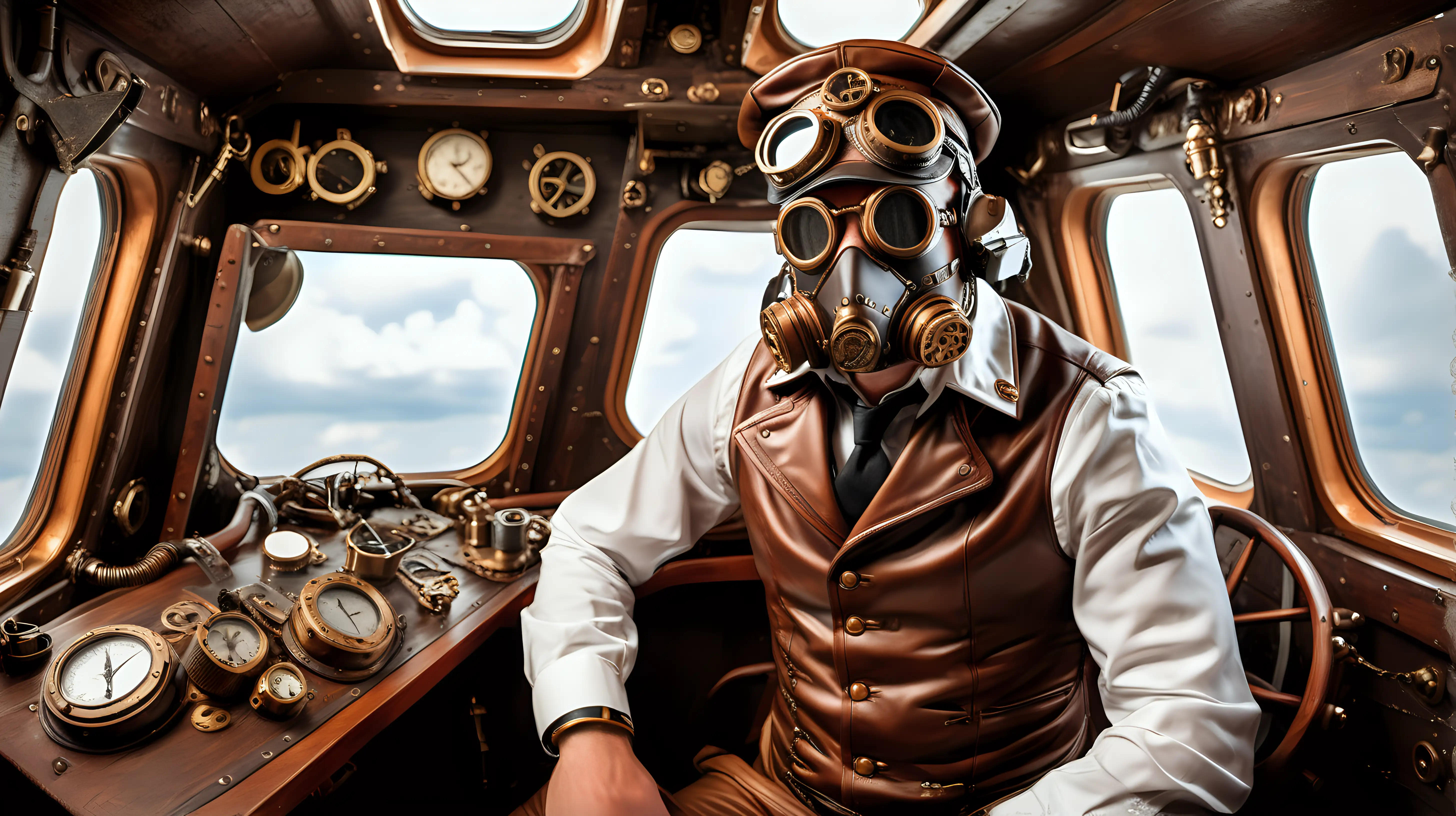 Steampunk Pilot Wearing Mask in Cabin