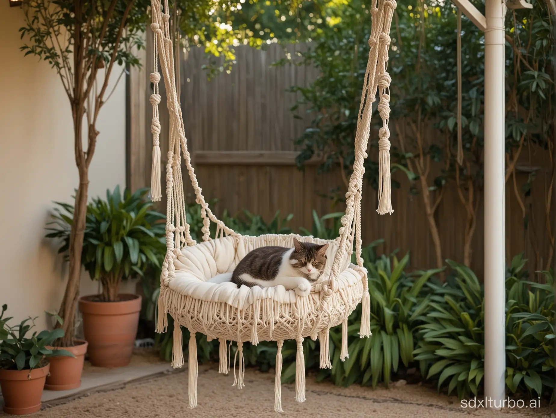 macrame cat swing hanging on nigh afternoon  soft light  back yard