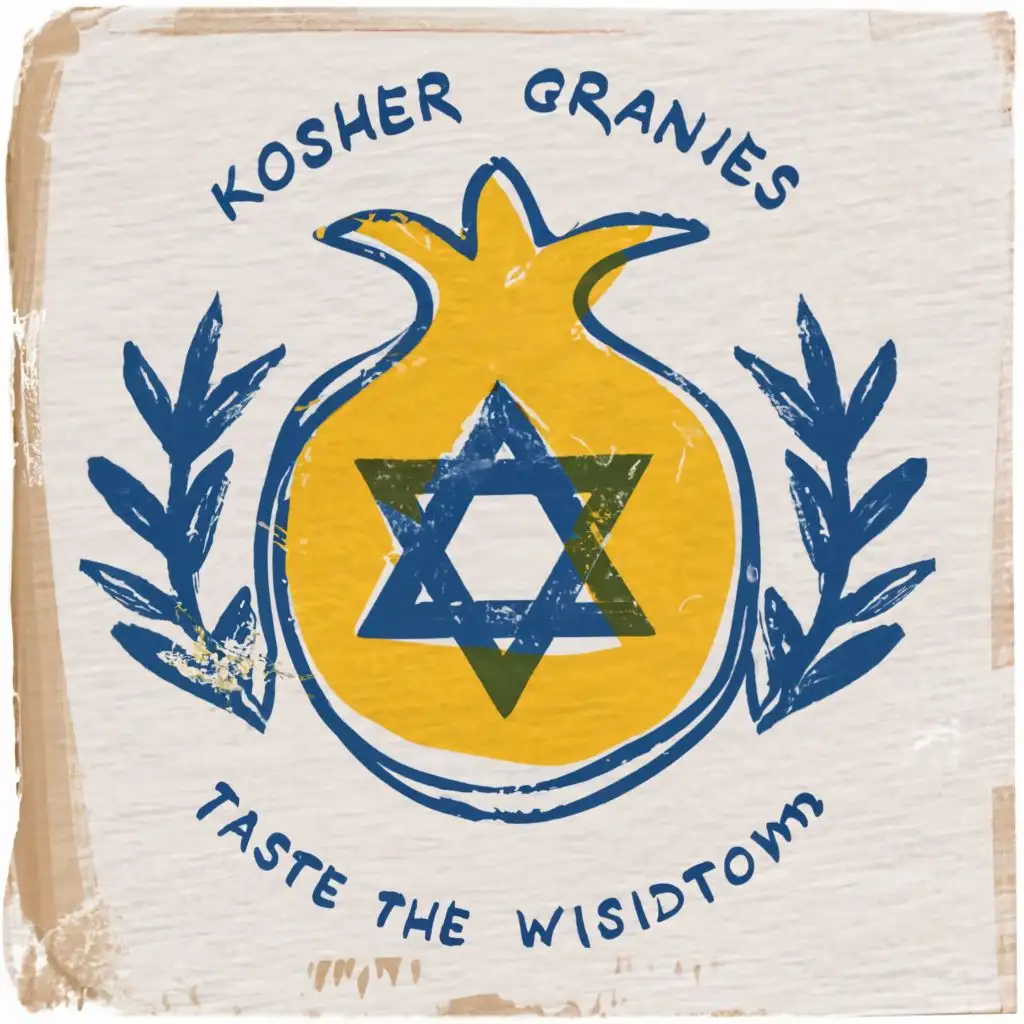 logo, Israel, yellow, blue, white, Paul Klee, pomegranate, star of David, Jerusalem, with the text "Kosher Grannies", very simple, on clean white becground, with slogan "Taste the wisdom", typography, be used in the automotive industry
