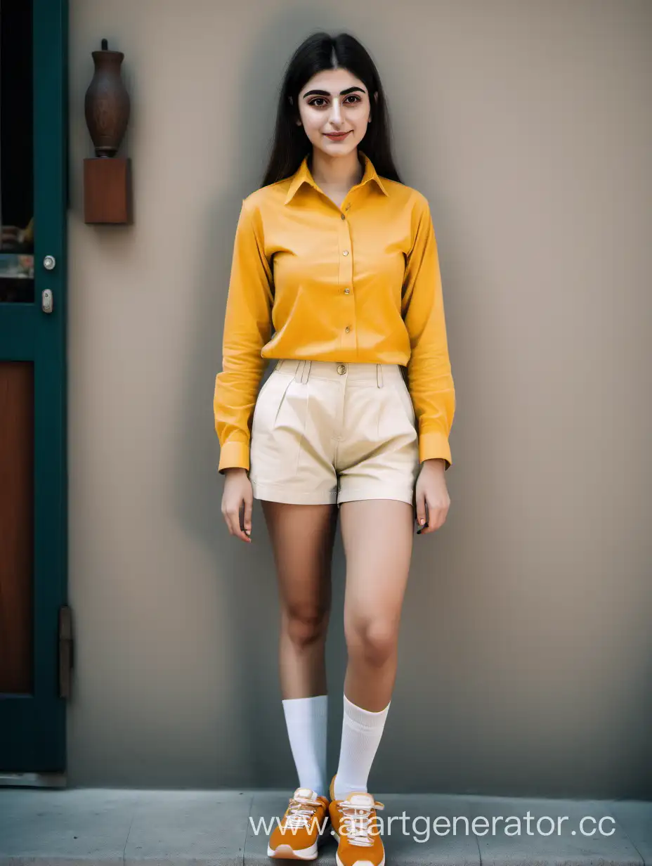 Stylish-Young-Armenian-Waitress-in-Yellow-Shirt-and-Cream-Shorts