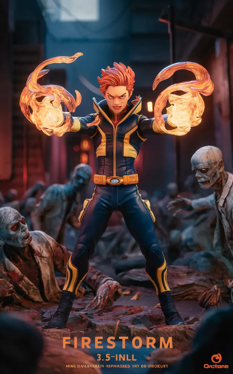 full-body Firestorm Figurine:, close-full-body, breathtaking, 8k16k anime style, vector, slick bold design, glossy lines, Zombie Apocalypse aesthetic, intricate sculpting, hand-painted details, Firestorm stands at 3.5 inches tall, a dynamic display of pyrokinetic power captured in PVC. With flames swirling around his outstretched hands and eyes ablaze with fiery determination, this figurine embodies the raw intensity of elemental fire. Every sculpted detail, from the flickering flames to the intricate runes adorning his robes, speaks to the mastery of fire magic and the unyielding will of its wielder, include name"Firestorm" crisp zombie text, volumetric lighting,created by Mike "Nemo" Anderson, enhanced by Bob Ridolfi,  refined by Add_Details_XL-fp16 algorithm, 4D octane rendering, macro softening, V-Ray execution, global illumination, precise line art, pop art consumerism, elegant perfectionism, 4k resolution