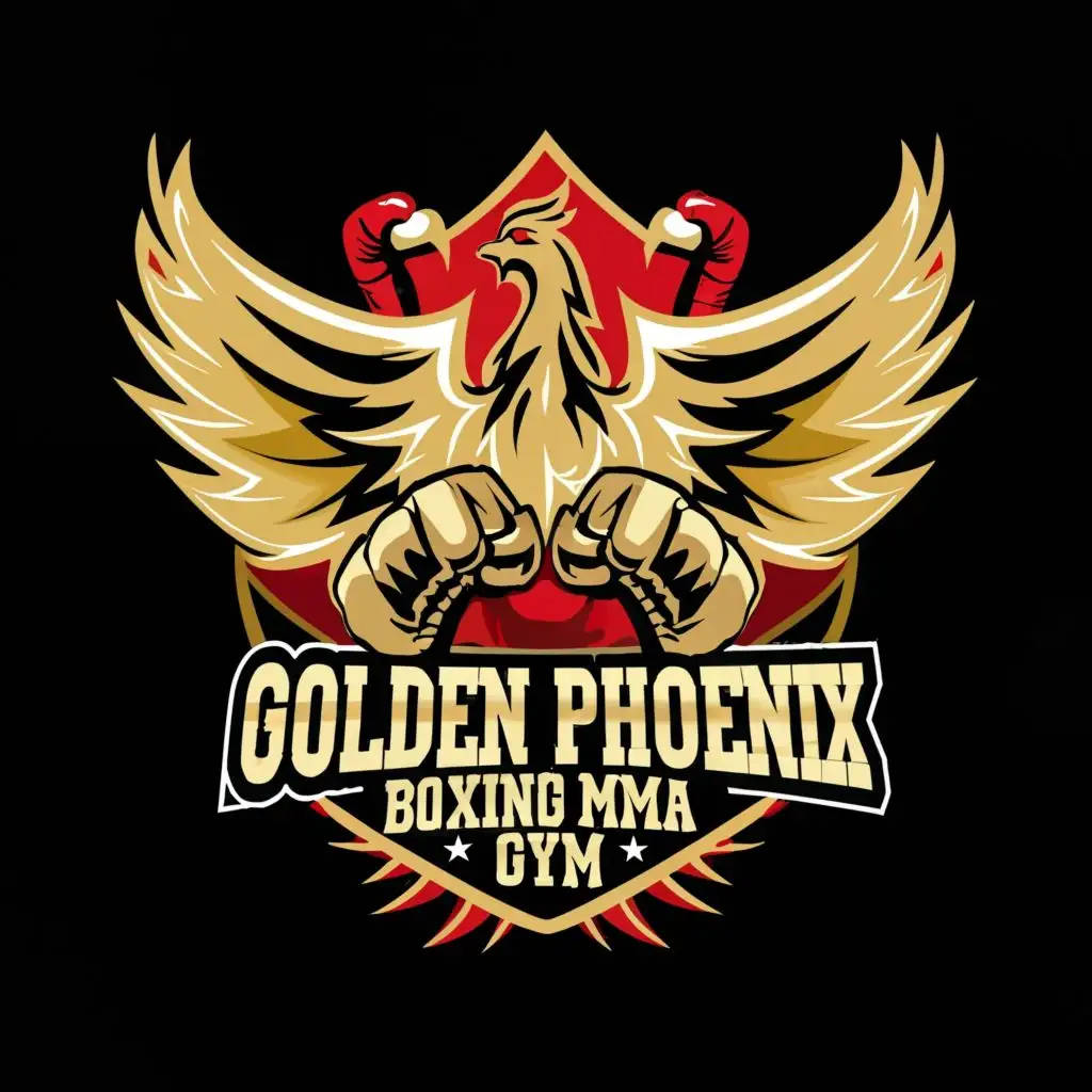 logo, A phoenix and boxing gloves with a phoenix shadow in the background, with the text "Golden phoenix boxing and MMA Gym", typography, be used in Sports Fitness industry